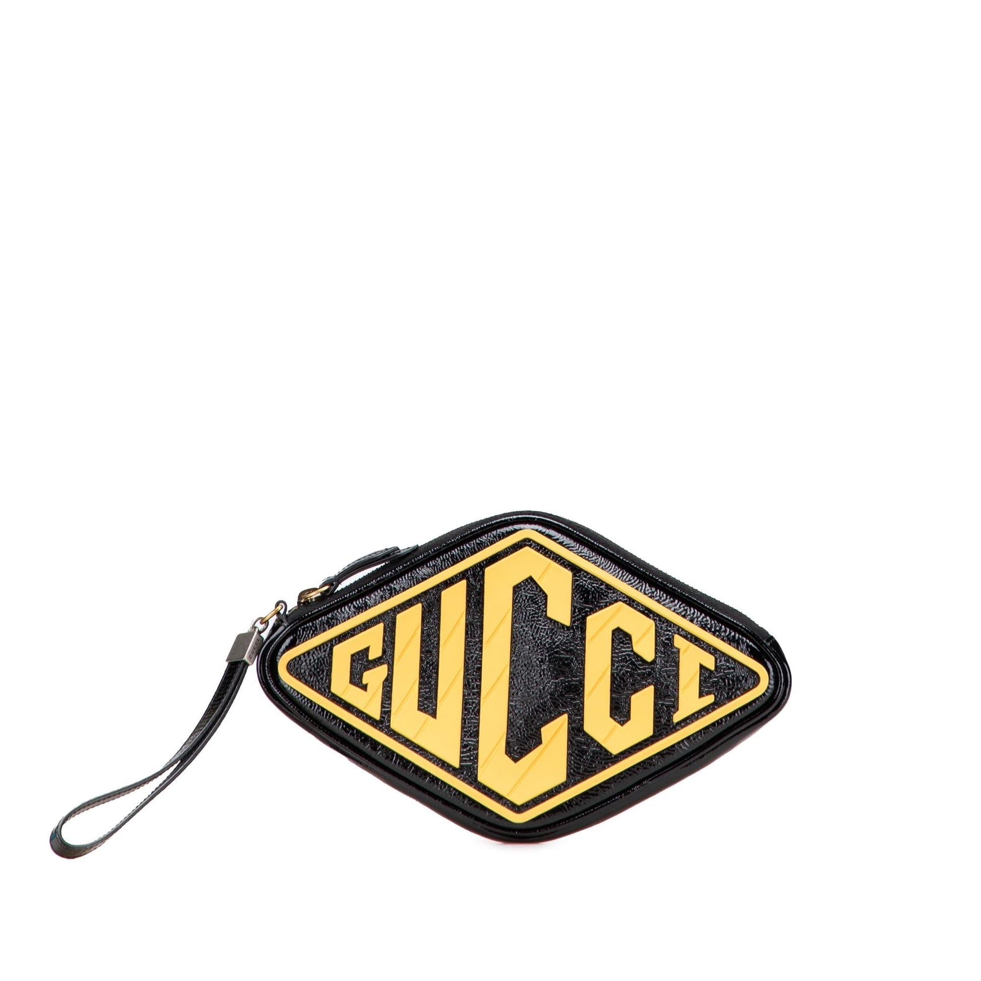 Gucci Rubber Game Patch Wristlet Leather Patent Black Logo Clutch Bag