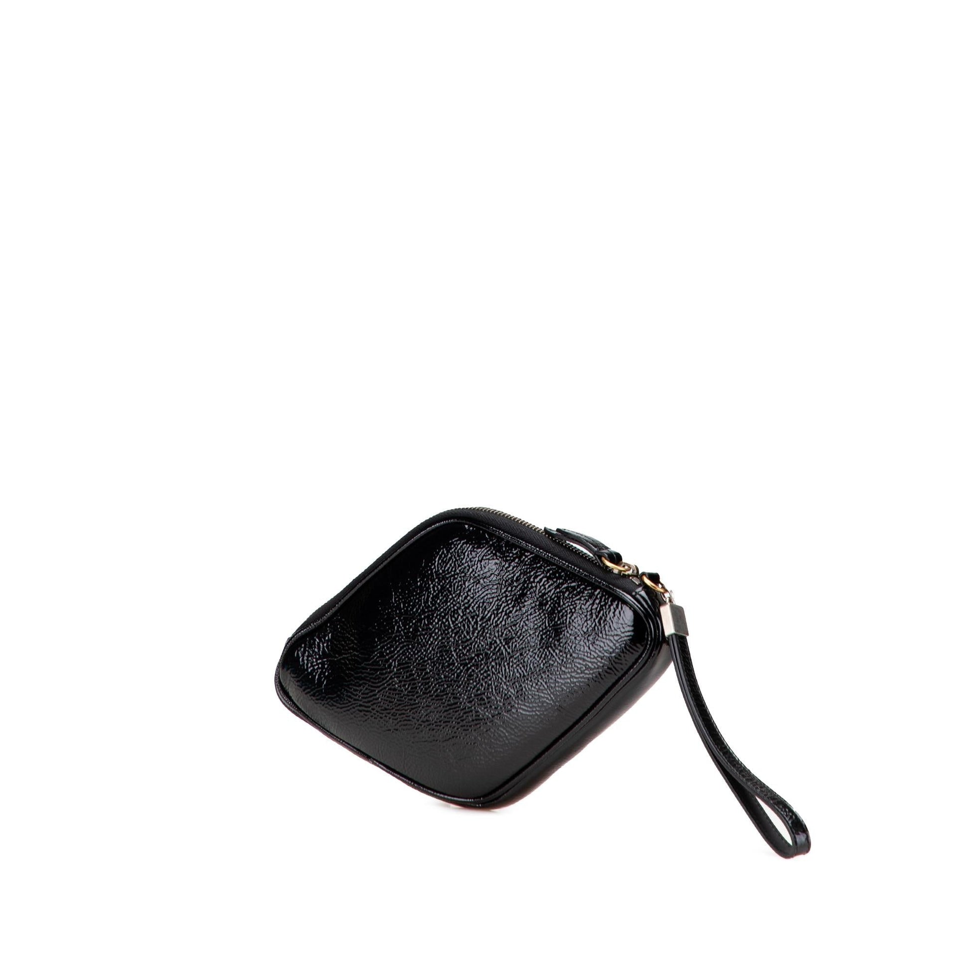 Gucci Rubber Game Patch Wristlet Leather Patent Black Logo Clutch Bag
