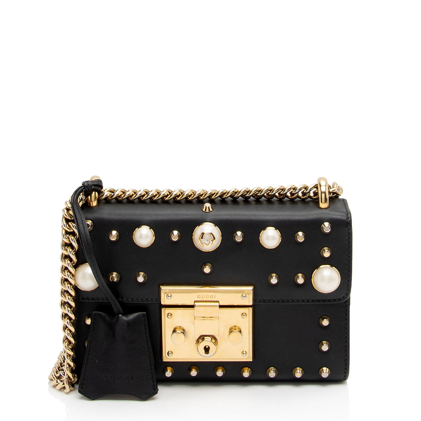 Gucci Pearl Embellished Padlock SHF-aixUmI Leather Black Small Crossbody Bag