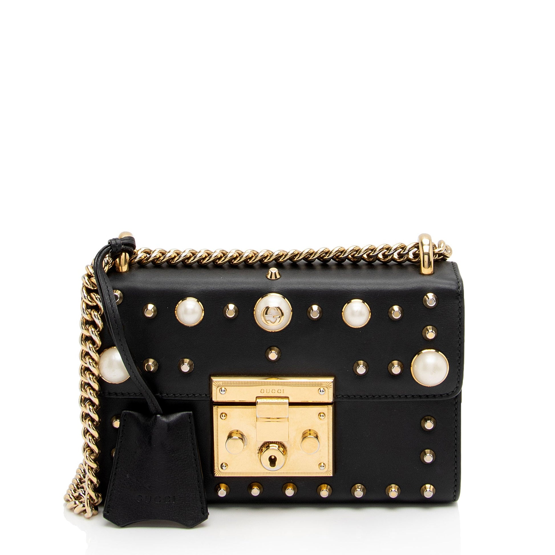 Gucci Pearl Embellished Padlock SHF-aixUmI Leather Black Small Crossbody Bag