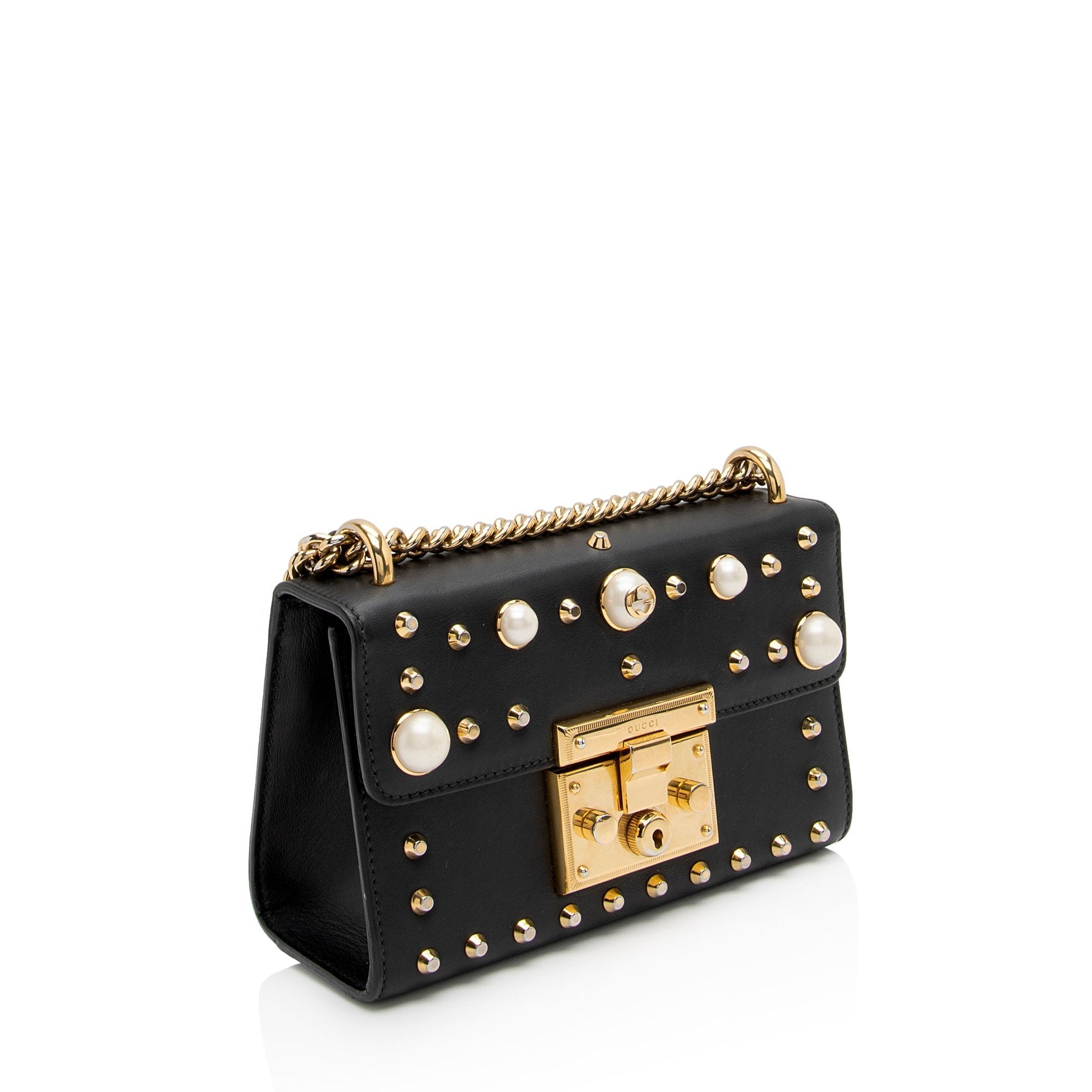 Gucci Pearl Embellished Padlock SHF-aixUmI Leather Black Small Crossbody Bag