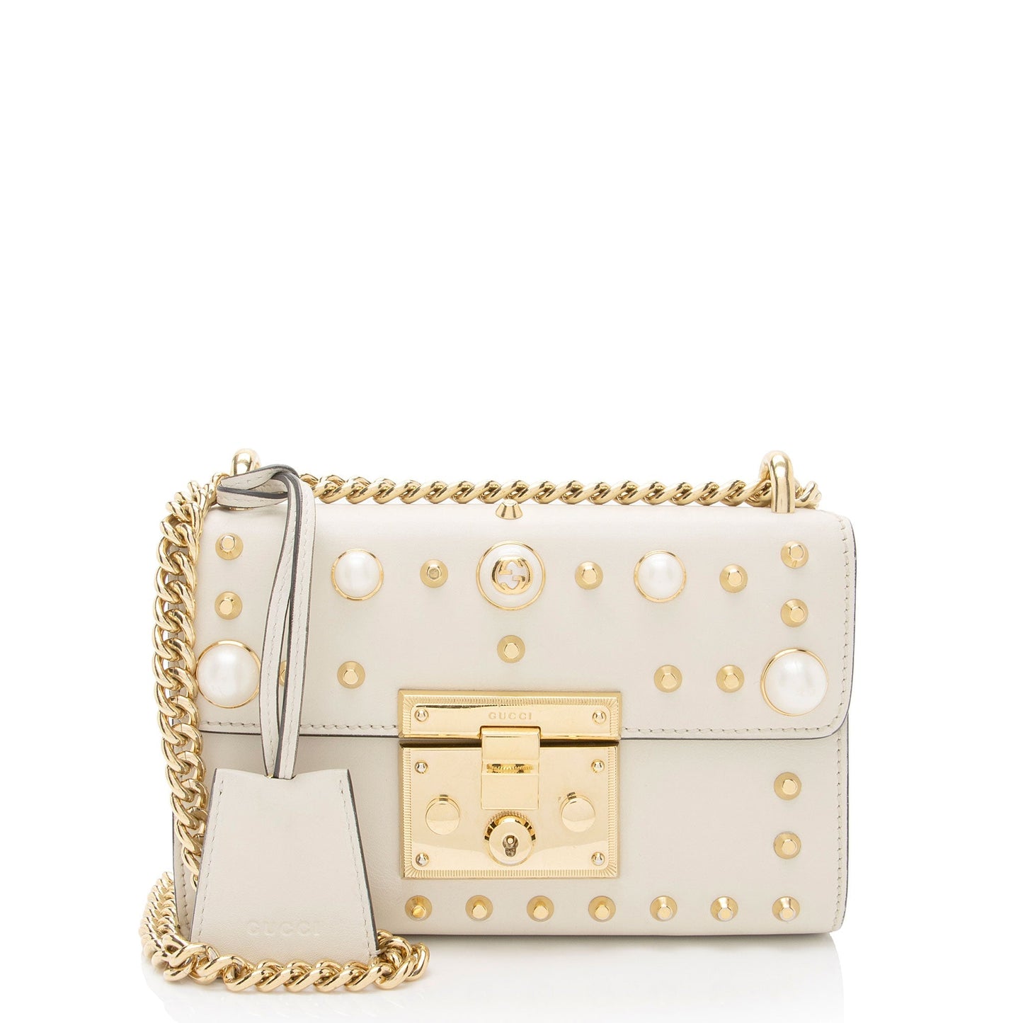 Gucci Pearl Embellished Padlock SHF-2JmpQy Leather Beige Small Shoulder Bag