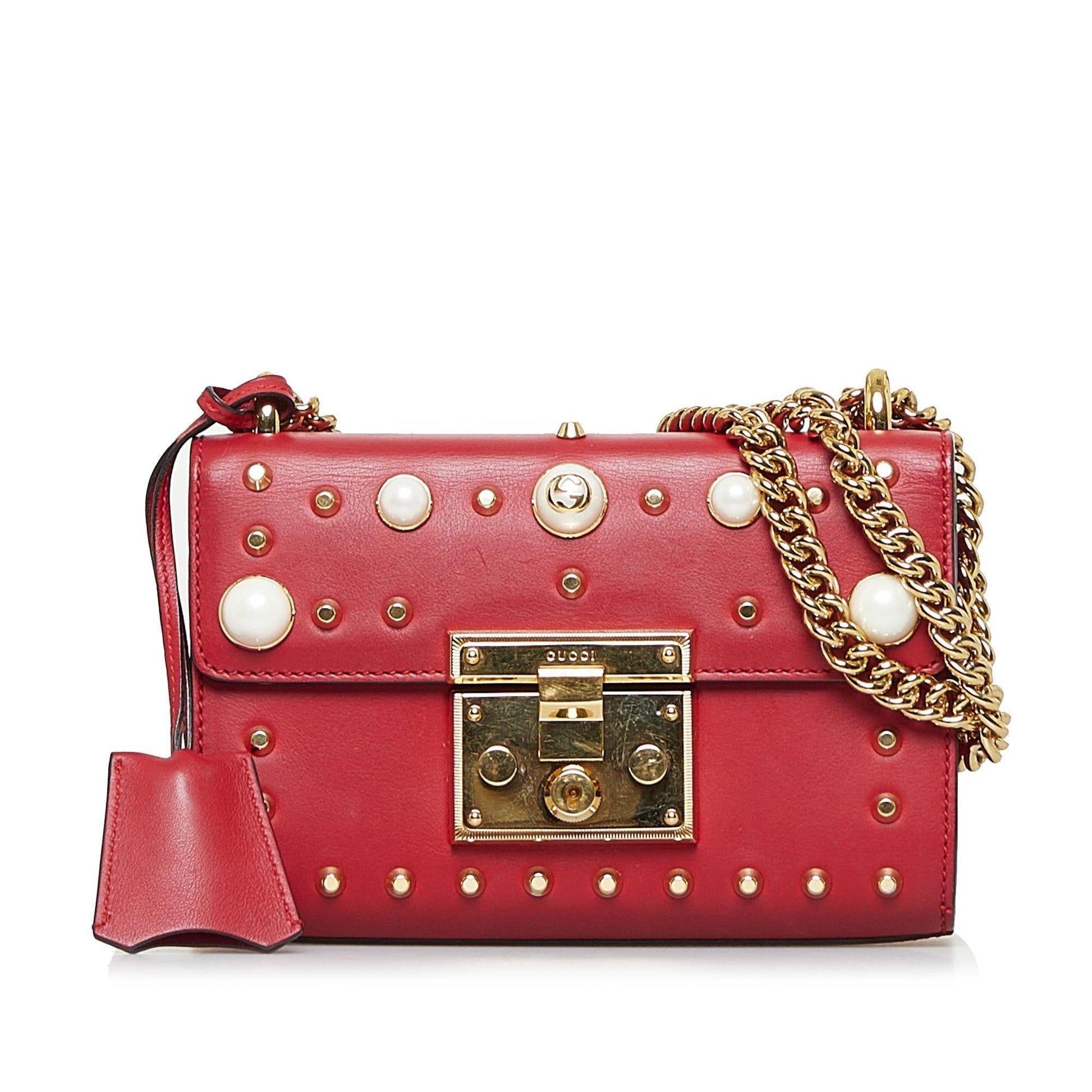 Gucci Pearl Studded Padlock SHG-5UFKsP Calf Red Shoulder Bag