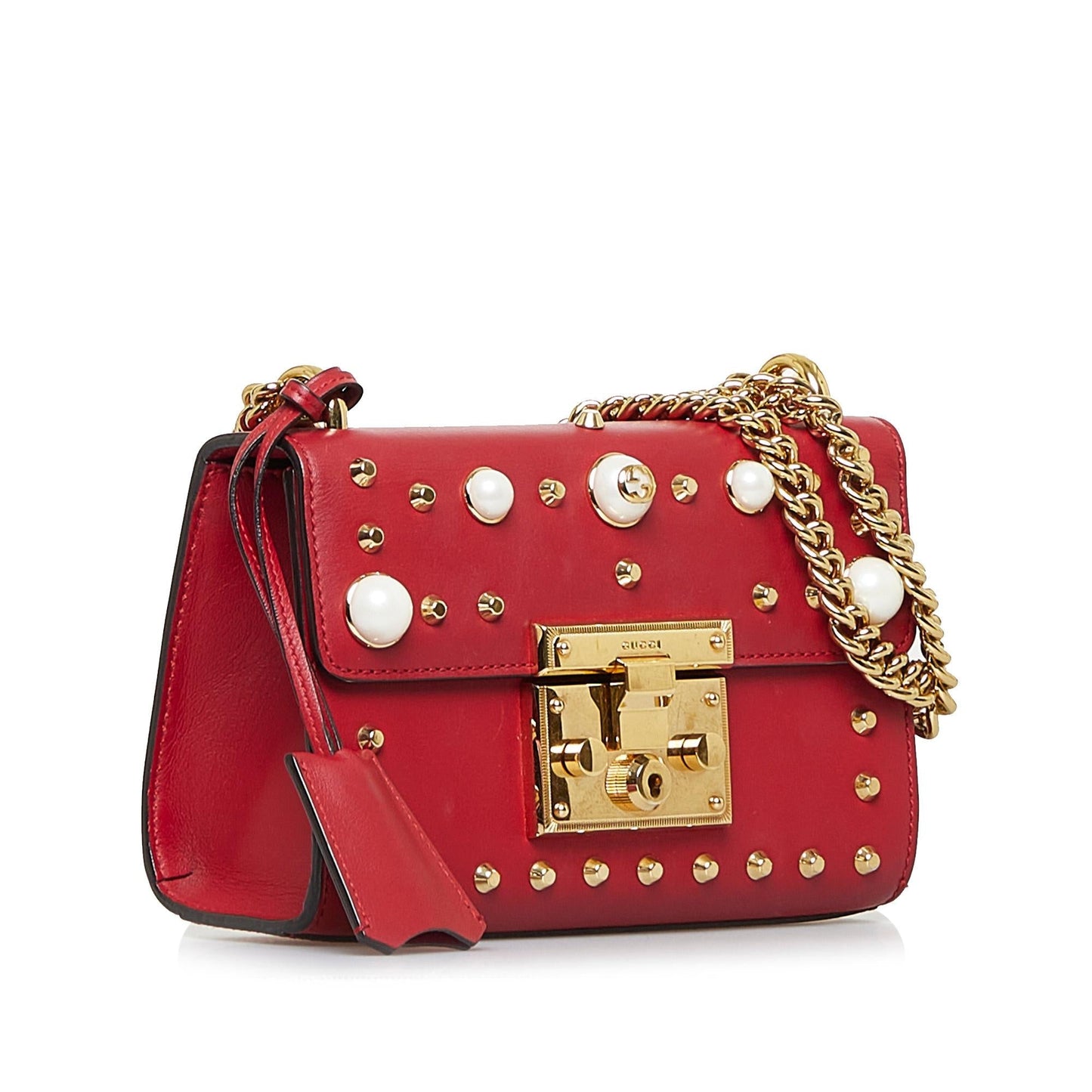 Gucci Pearl Studded Padlock SHG-5UFKsP Calf Red Shoulder Bag