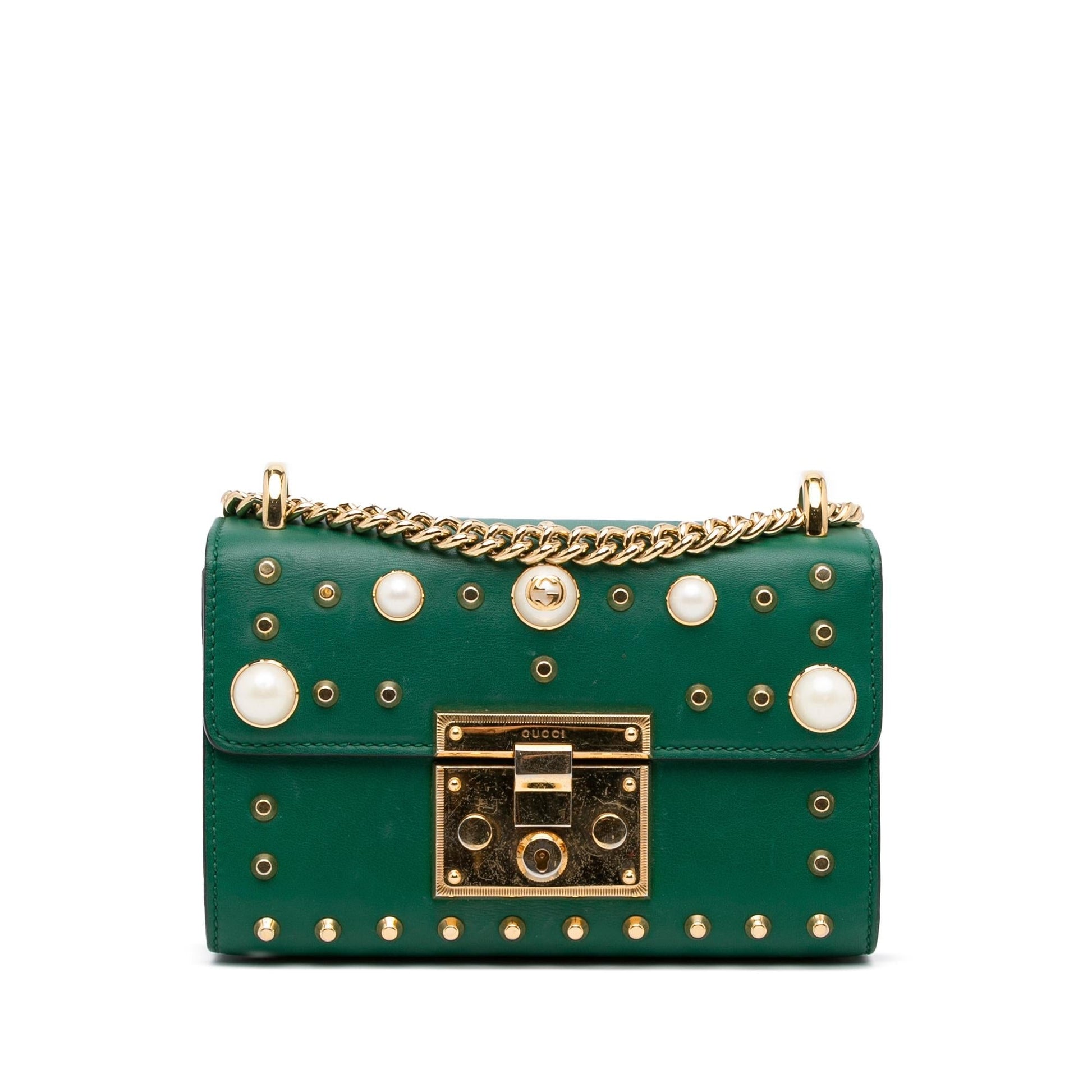 Gucci Pearl Studded Padlock SHG-hZTmgn Calf Green Crossbody Bag