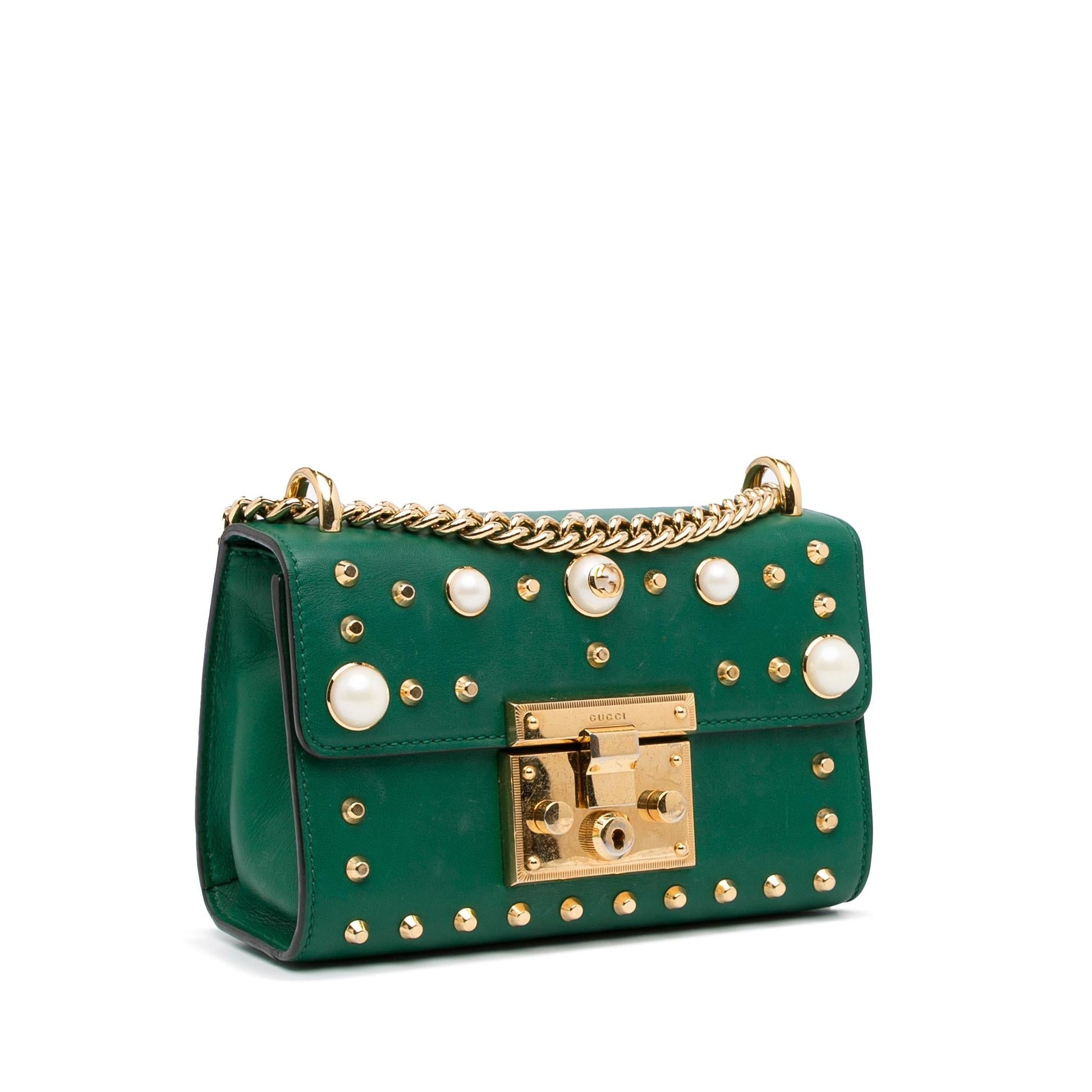 Gucci Pearl Studded Padlock SHG-hZTmgn Calf Green Crossbody Bag
