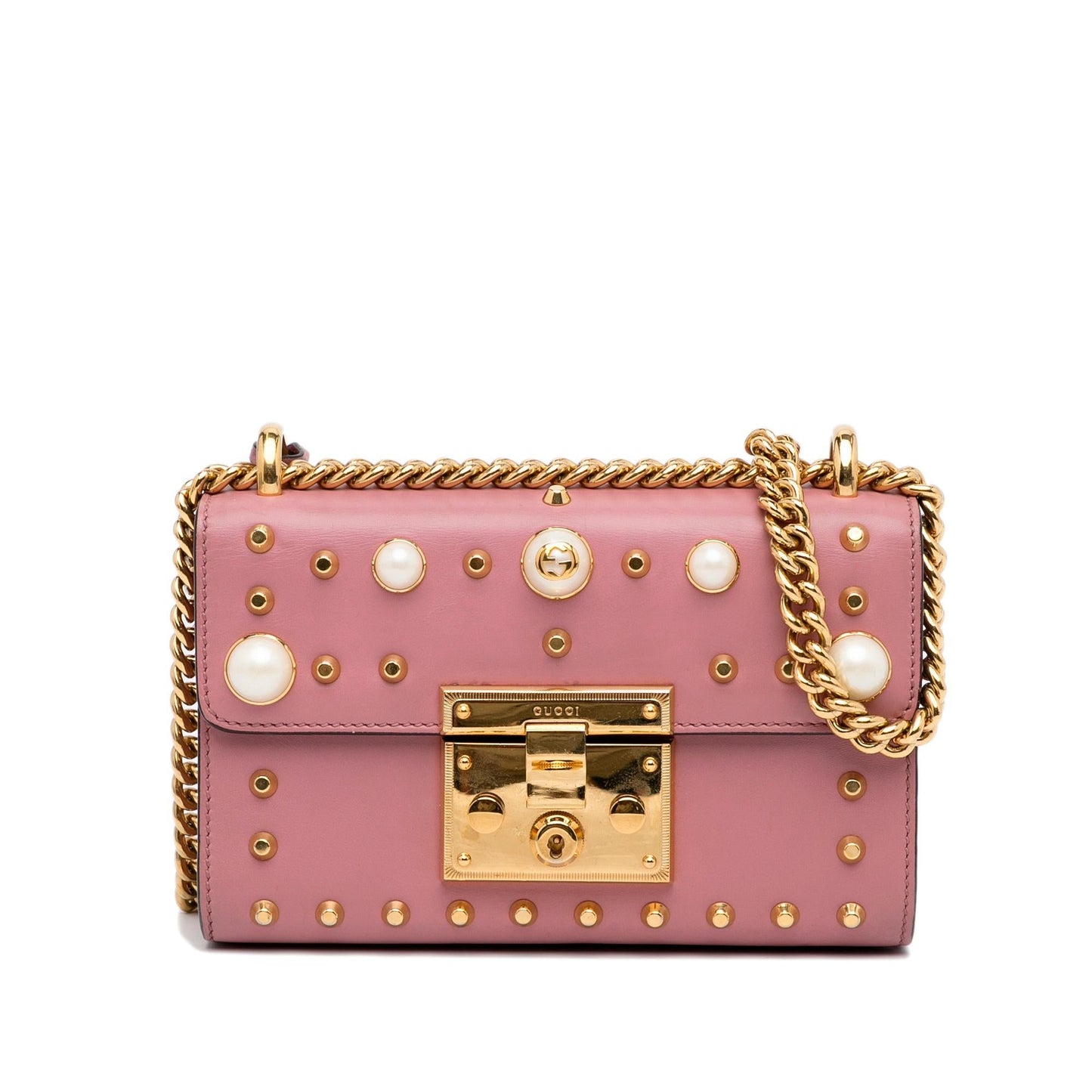 Gucci Pearl Studded Padlock SHG-r5jgoa Calf Pink Crossbody Bag