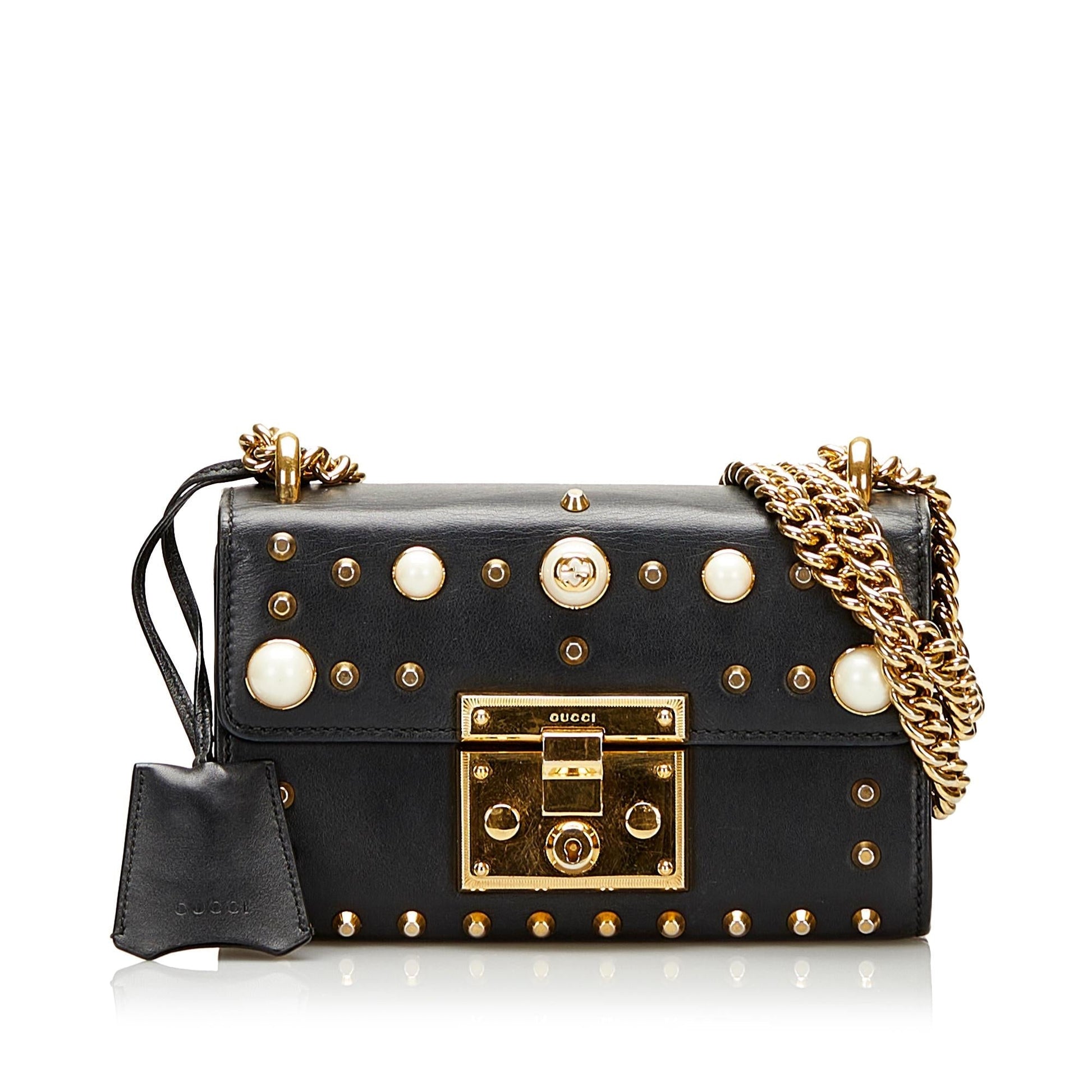 Gucci Pearl Studded Padlock SHG-YS15Ug Calf Black Crossbody Bag