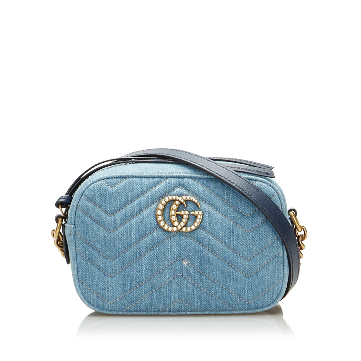Gucci Pearly GG Marmont SHG-PJCqOG Matelasse Denim Blue Crossbody Bag