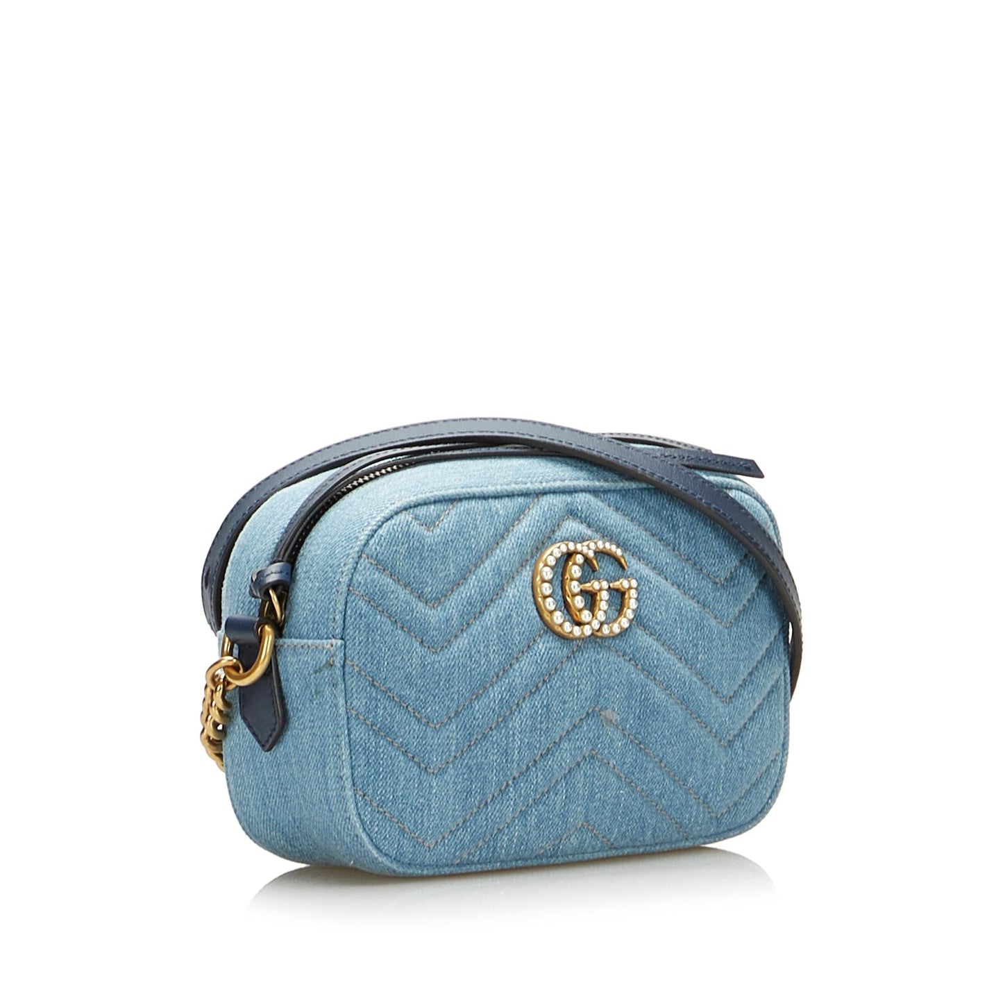 Gucci Pearly GG Marmont SHG-PJCqOG Matelasse Denim Blue Crossbody Bag