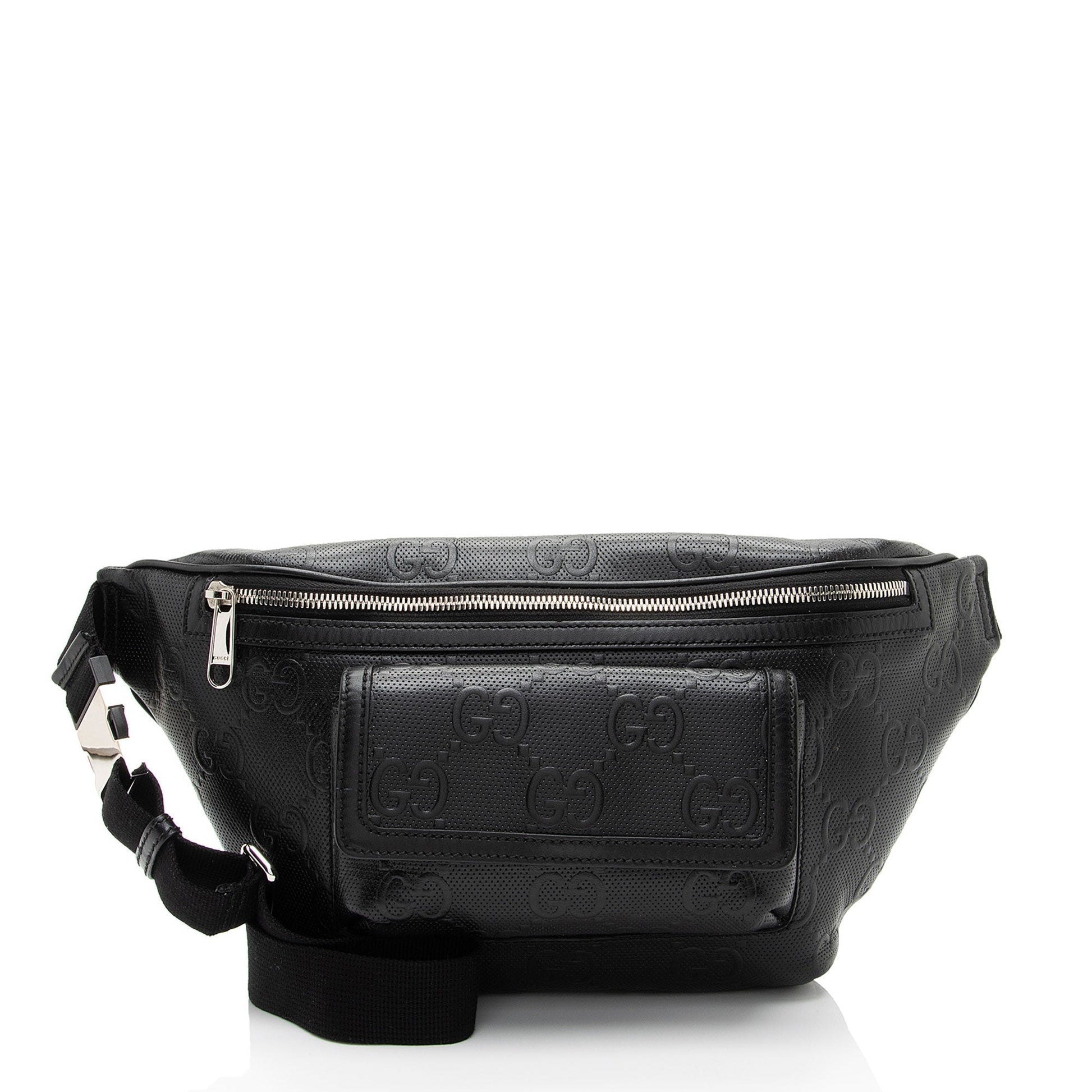 Gucci Perforated Embossed GG Pocket Belt Leather Nylon Black Accessory