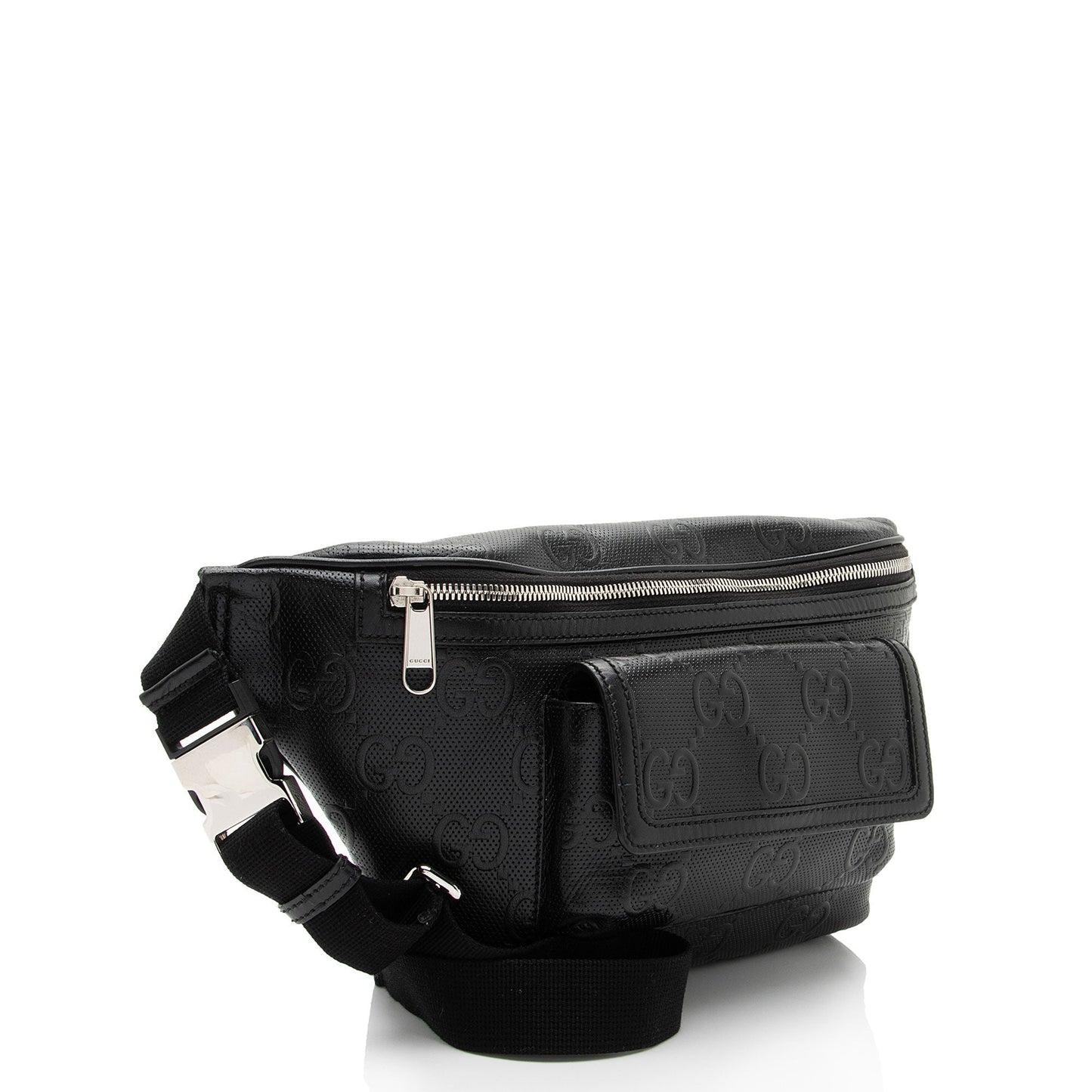 Gucci Perforated Embossed GG Pocket Belt Leather Nylon Black Accessory