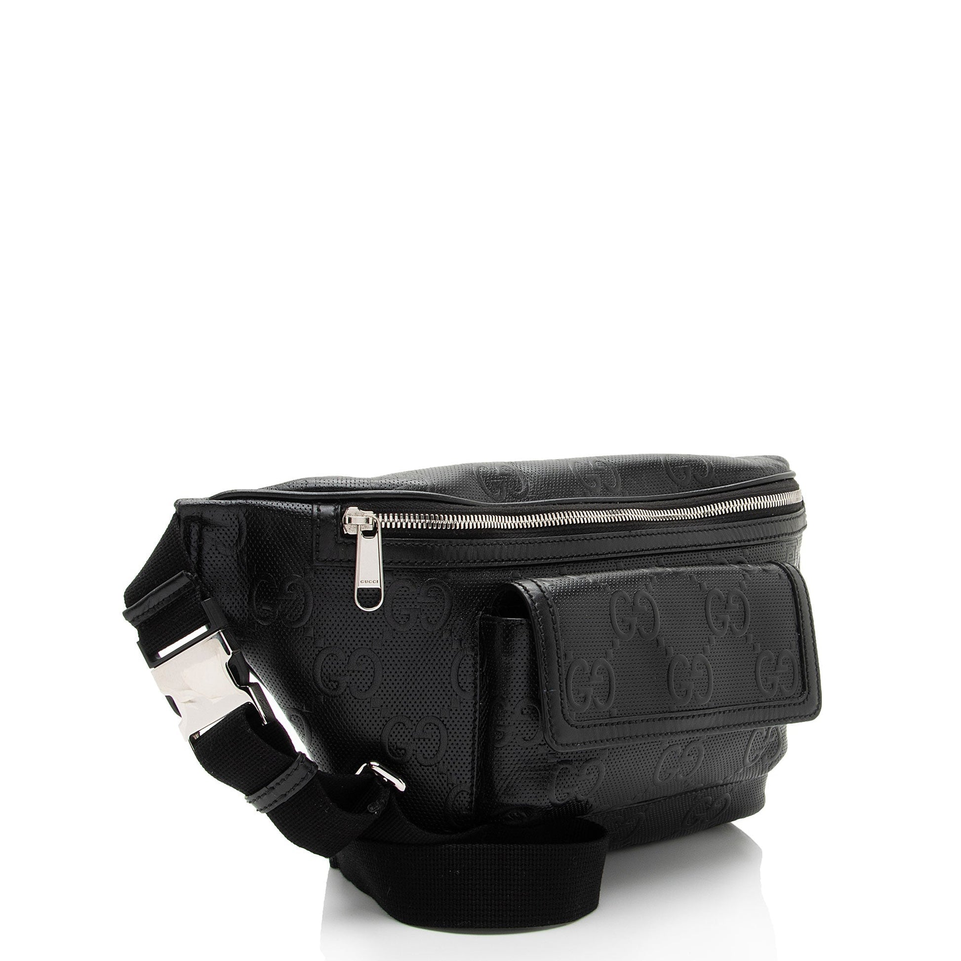 Gucci Perforated Embossed GG Pocket Belt Leather Nylon Black Accessory
