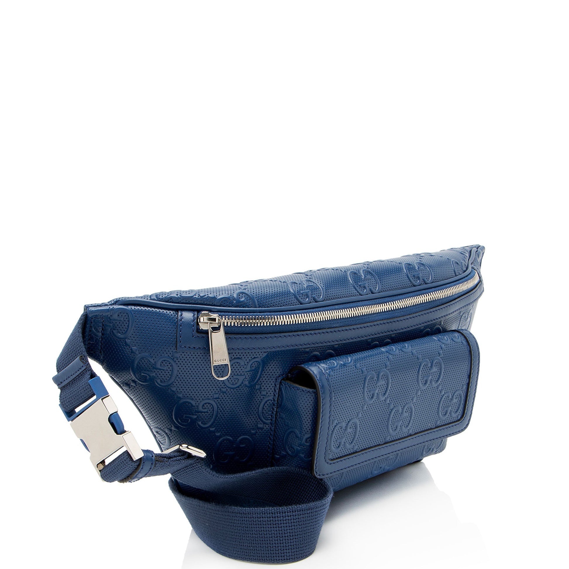 Gucci GG Perforated Embossed Pocket Belt Leather Blue Accessory