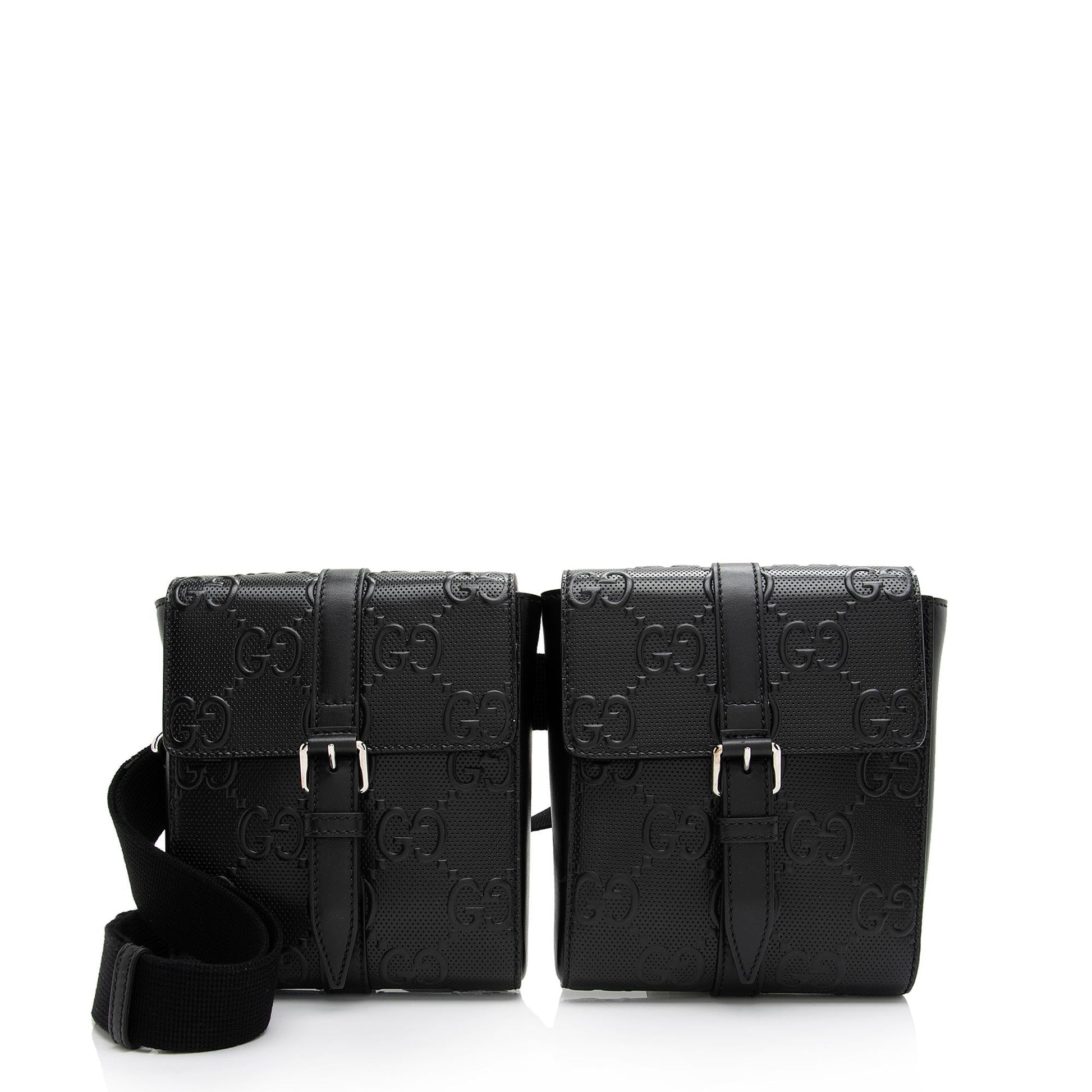 Gucci Perforated GG Double Belt SHF-ulhtMl Leather Black Accessory