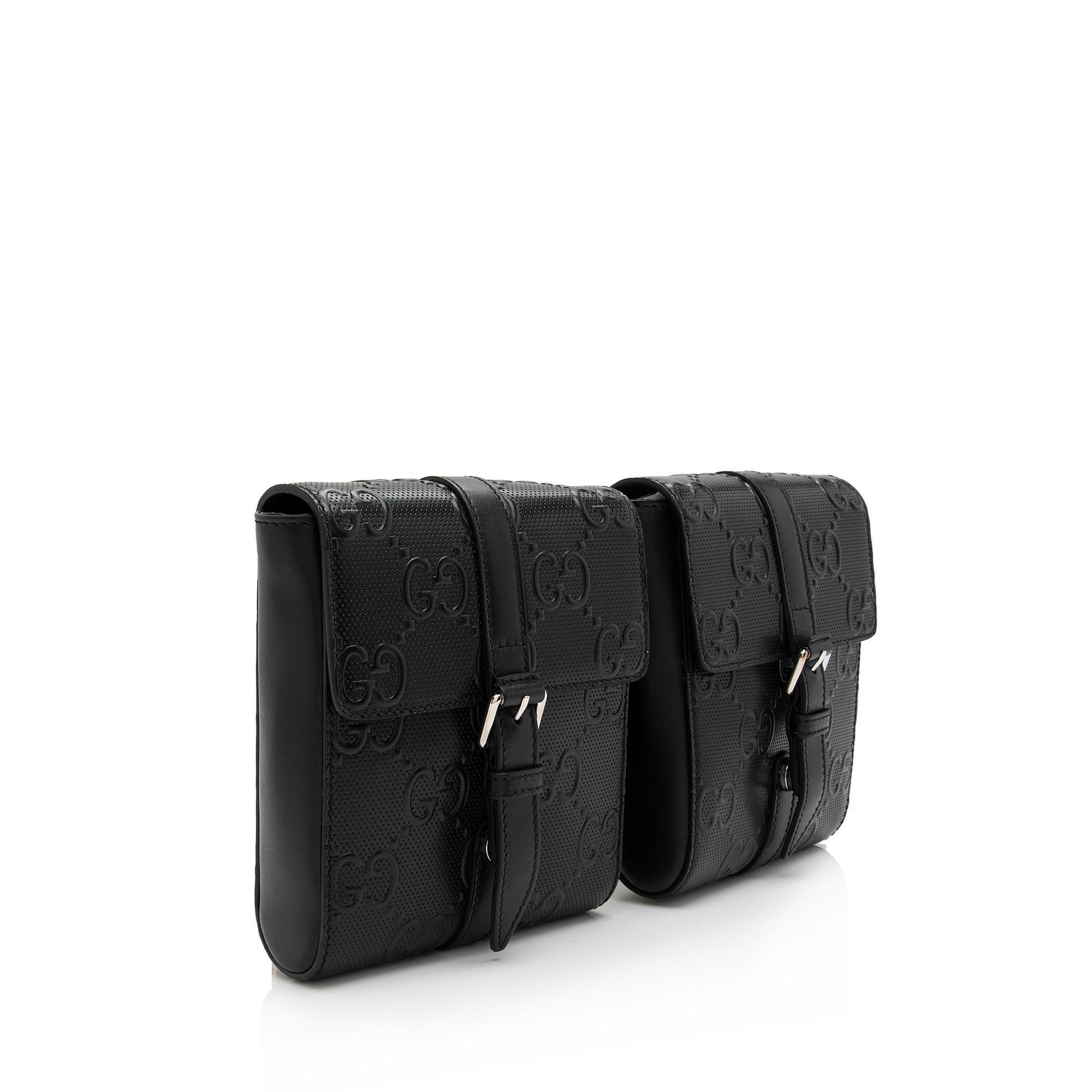 Gucci Perforated GG Double Belt SHF-ulhtMl Leather Black Accessory