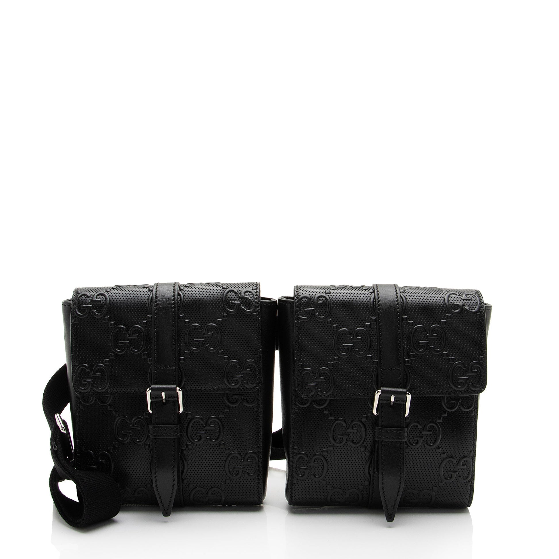 Gucci Perforated GG Embossed Double Belt Leather Black Accessory