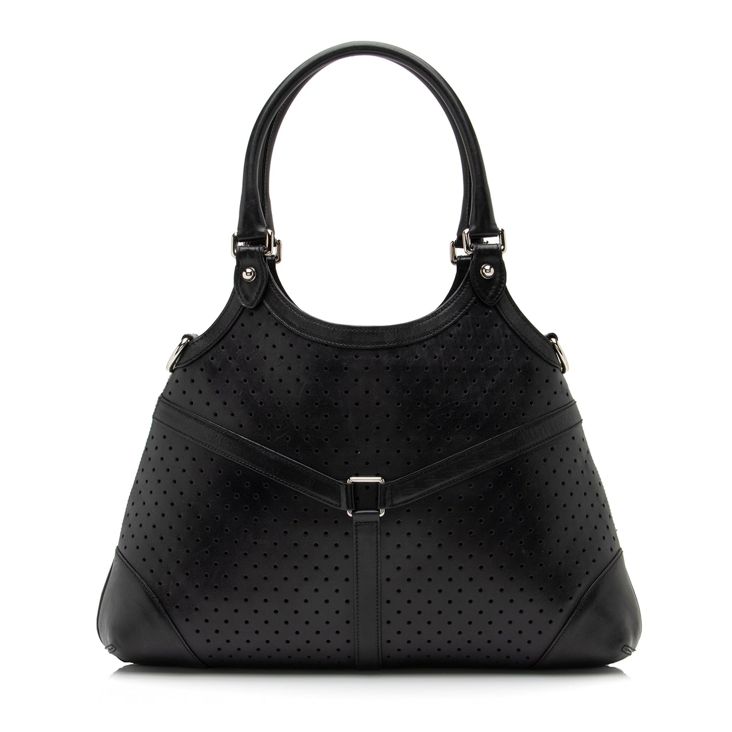Gucci Perforated Interlocking G Reins SHF Leather Black Satchel Bag