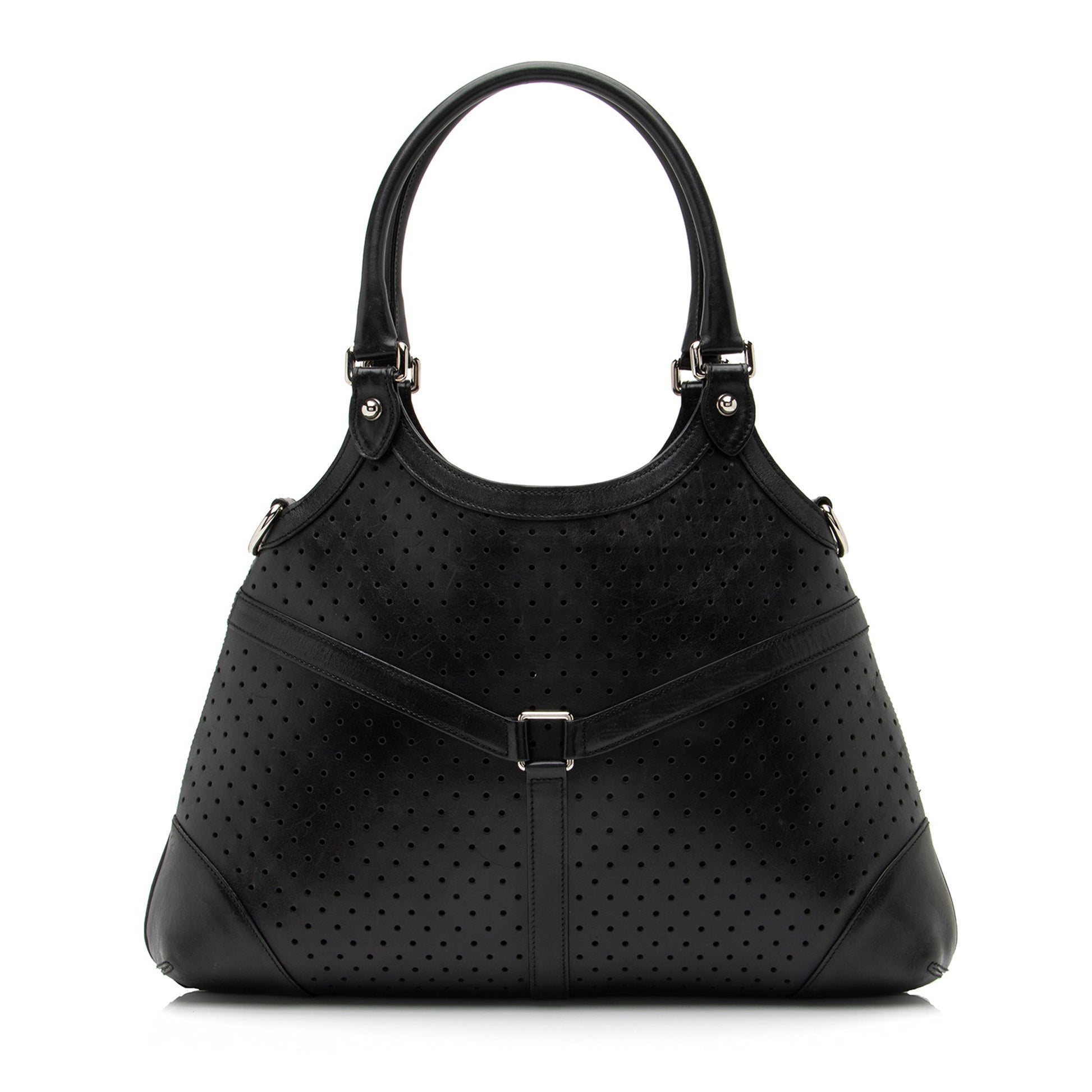 Gucci Perforated Interlocking G Reins SHF Leather Black Satchel Bag