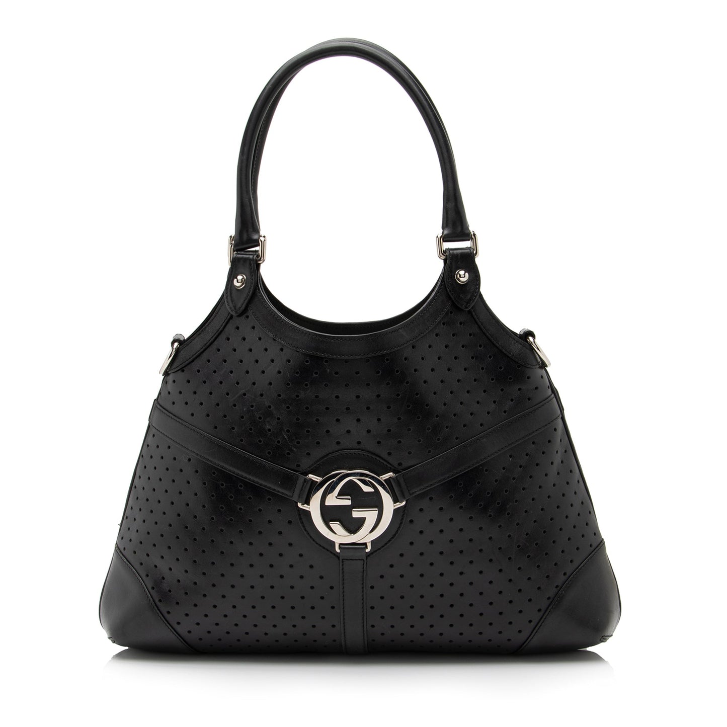 Gucci Perforated Interlocking G Reins SHF Leather Black Satchel Bag