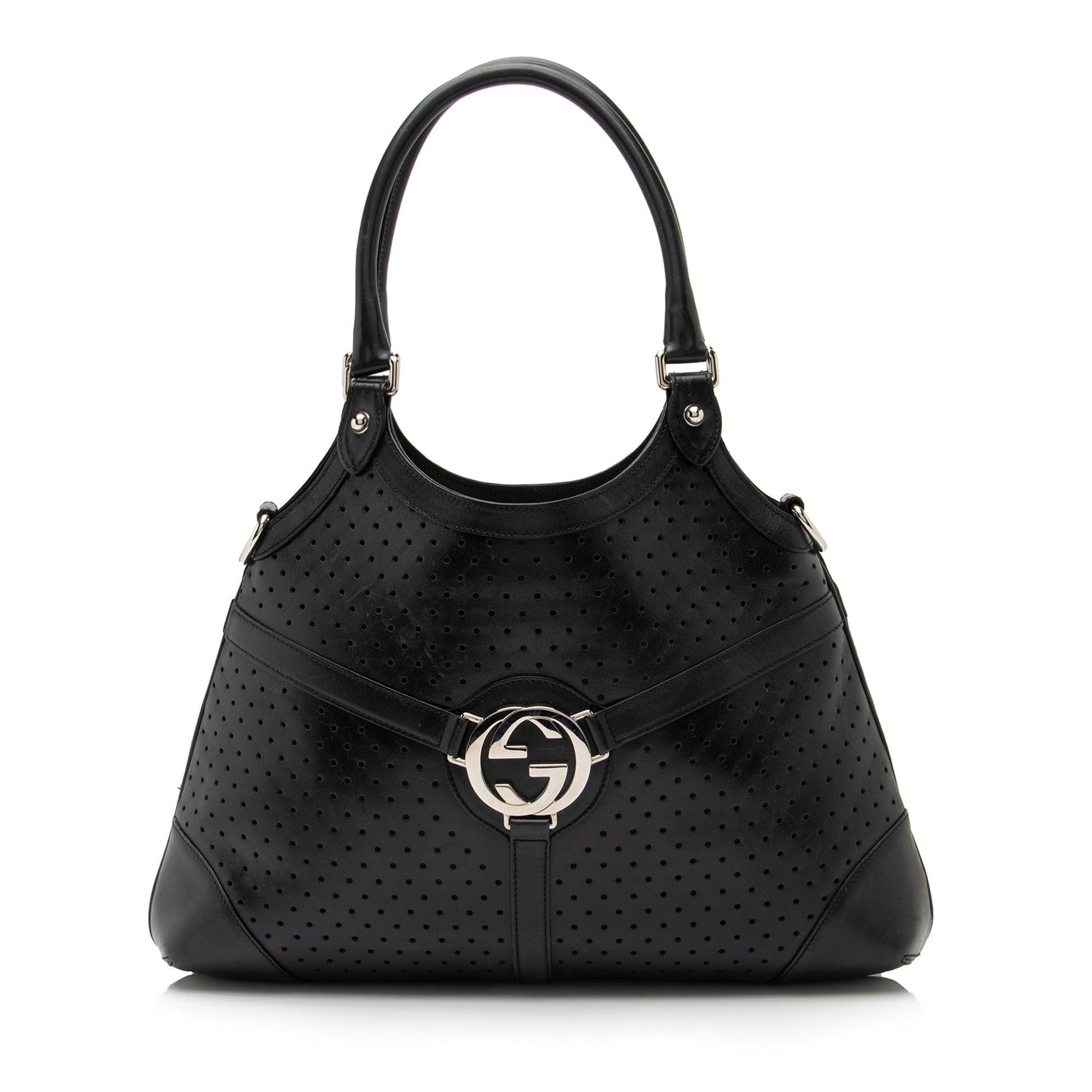 Gucci Perforated Interlocking G Reins SHF Leather Black Satchel Bag