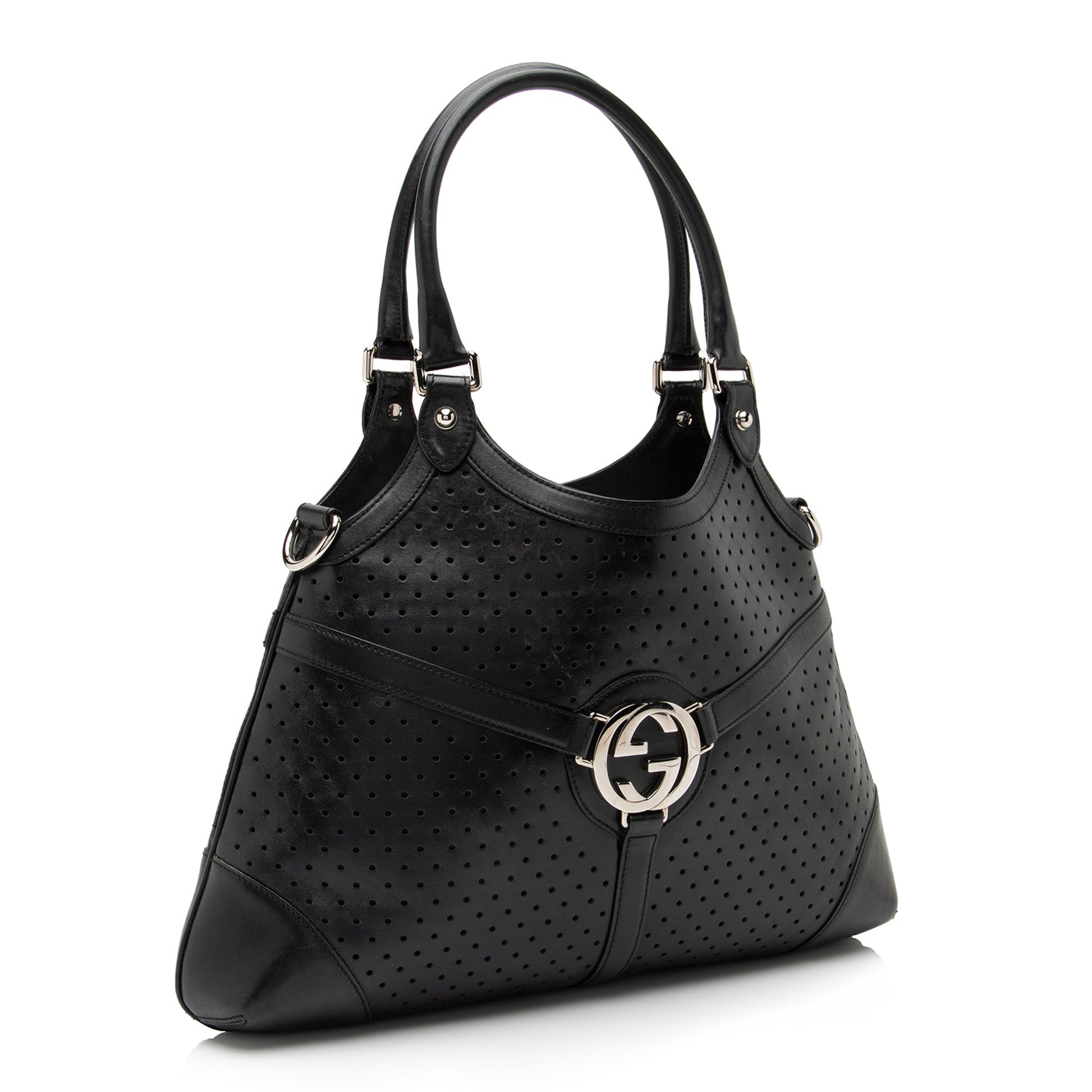 Gucci Perforated Interlocking G Reins SHF Leather Black Satchel Bag