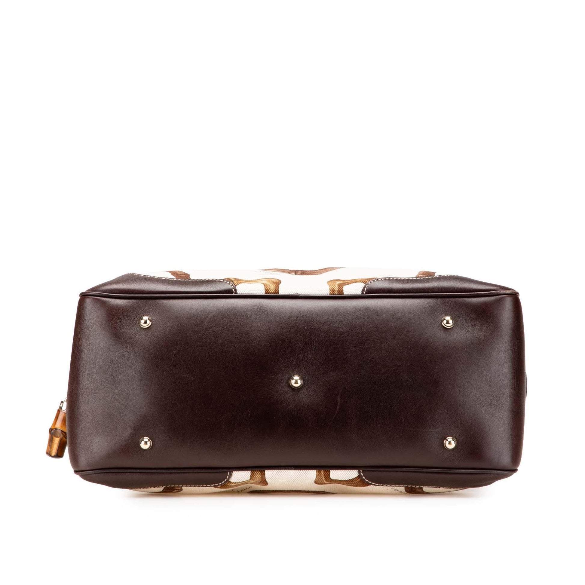 Gucci Printed Bamboo Horsebit Canvas Calf White Brown Satchel Bag
