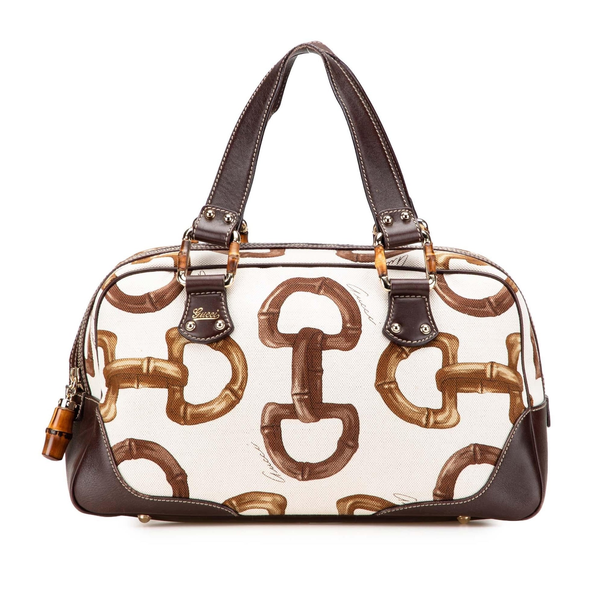 Gucci Printed Bamboo Horsebit Canvas Calf White Brown Satchel Bag