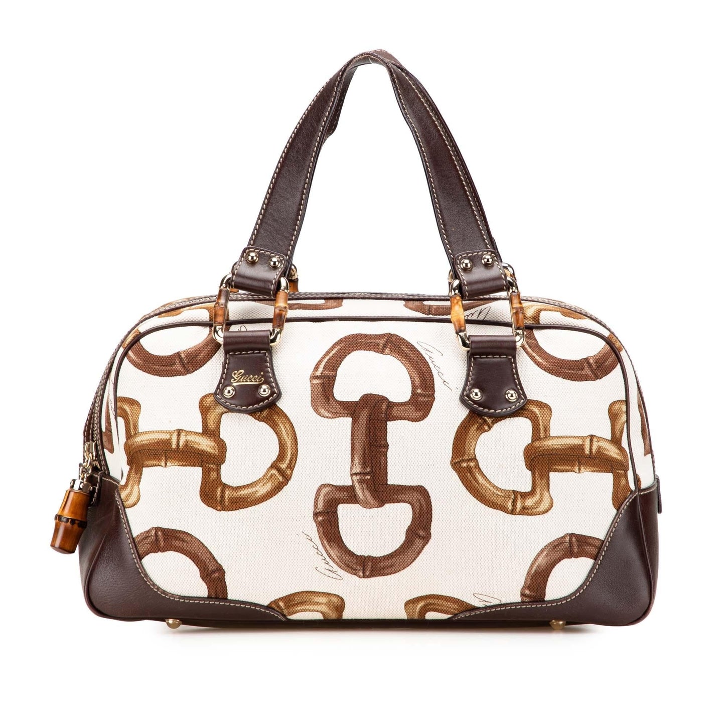 Gucci Printed Bamboo Horsebit Canvas Calf White Brown Satchel Bag Handbag 1