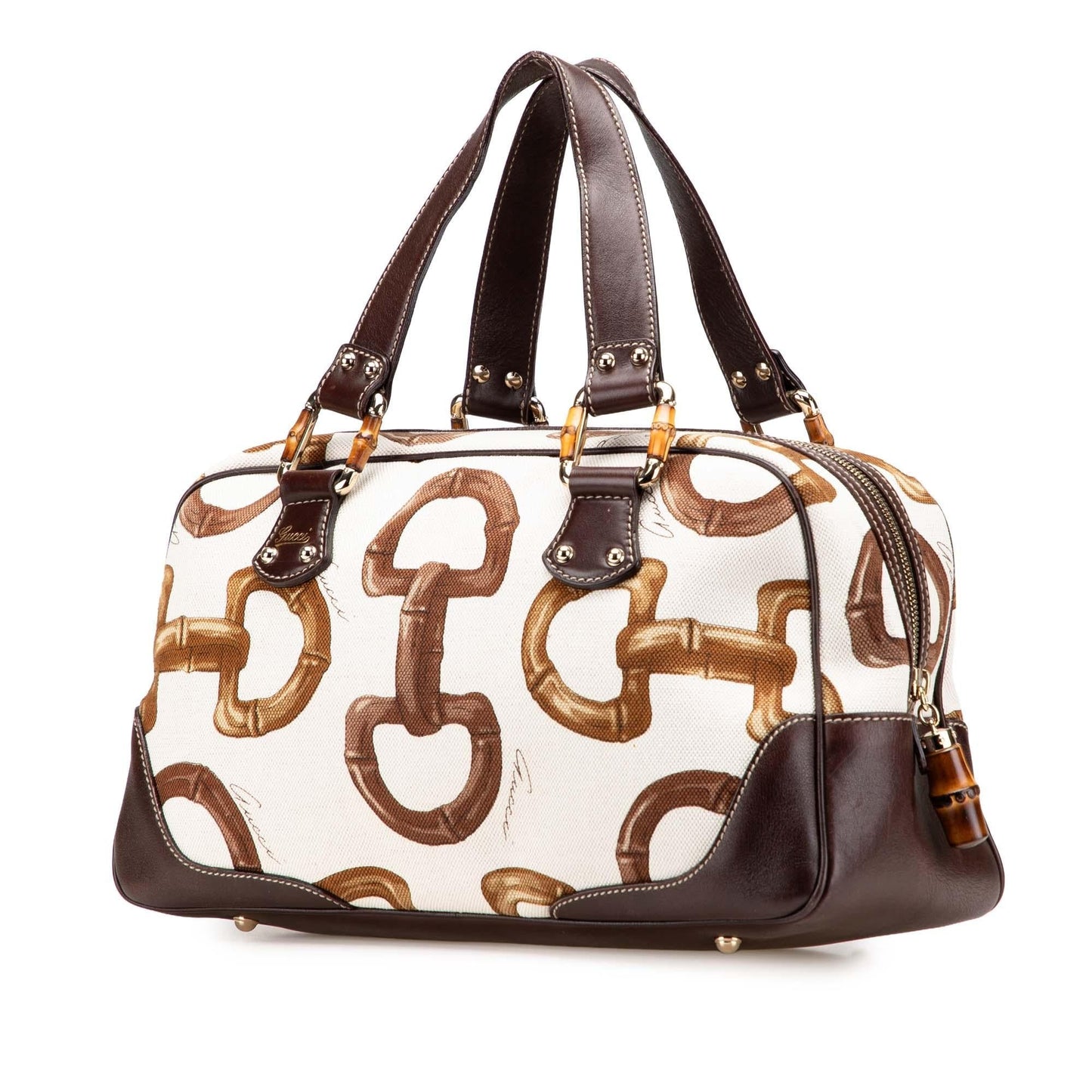 Gucci Printed Bamboo Horsebit Canvas Calf White Brown Satchel Bag Handbag 1