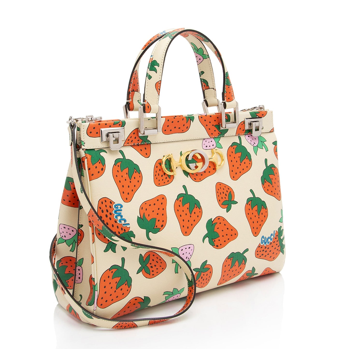Gucci Printed Strawberry Zumi SHF-HJJ9pH Leather Beige Red Medium Tote Bag