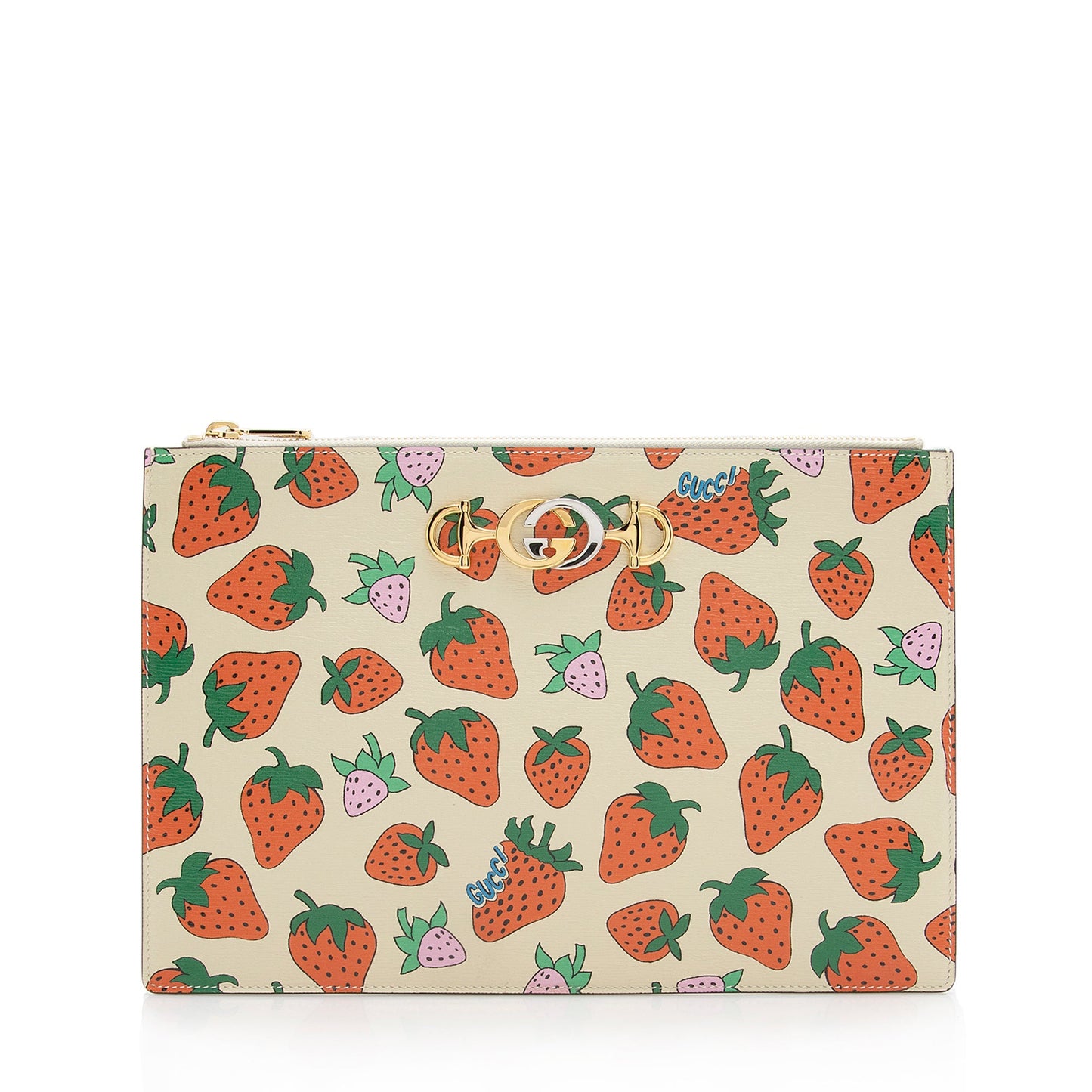 Gucci Printed Strawberry Zumi Pouch SHF Leather Beige Red Clutch Bag