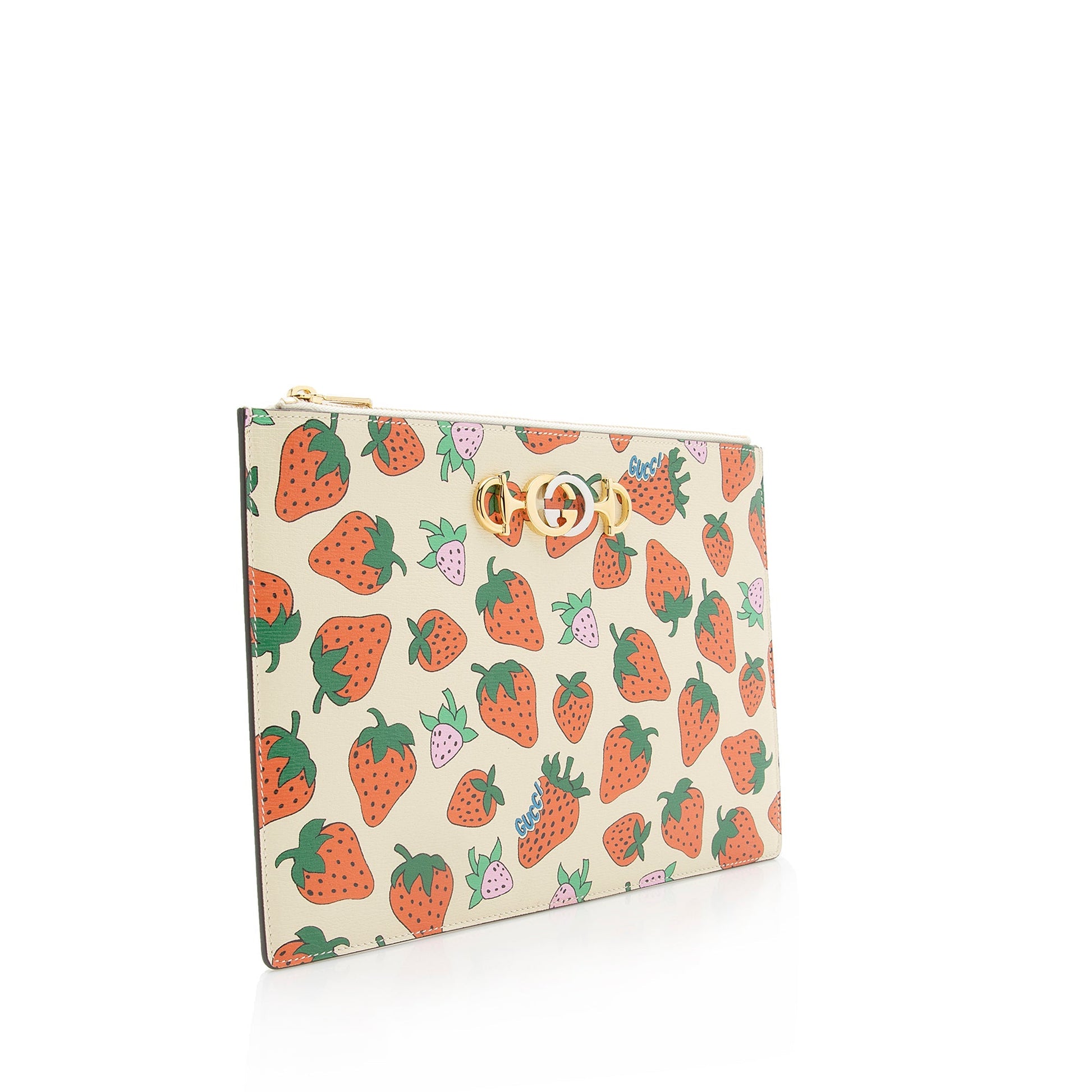 Gucci Printed Strawberry Zumi Pouch SHF Leather Beige Red Clutch Bag
