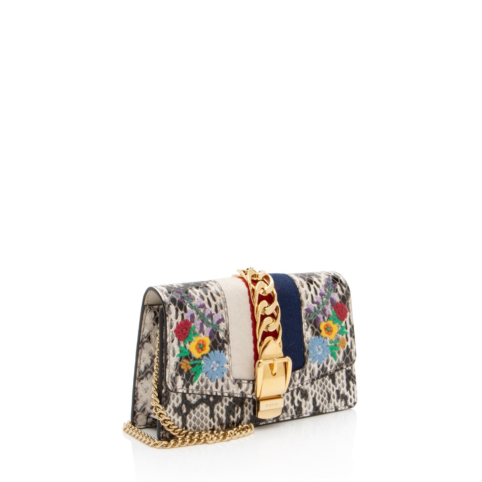 Gucci Python Floral Embroidered Sylvie Super Shoulder Bag Mini Crossbody Bag