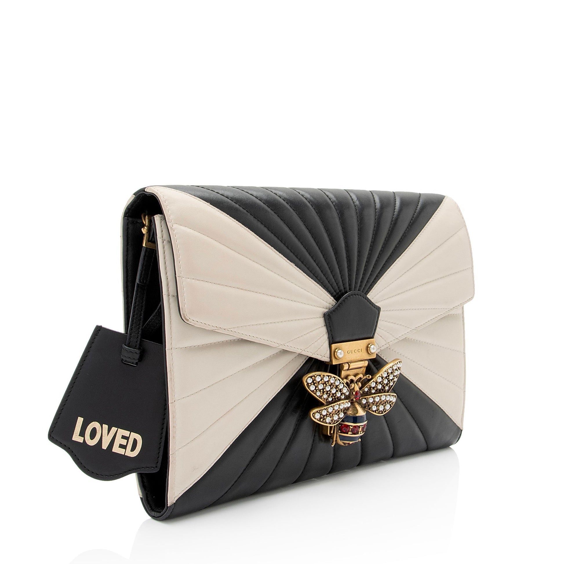 Gucci Queen Margaret Bee Quilted Leather Black White Clutch Bag Shf F7E4Vt