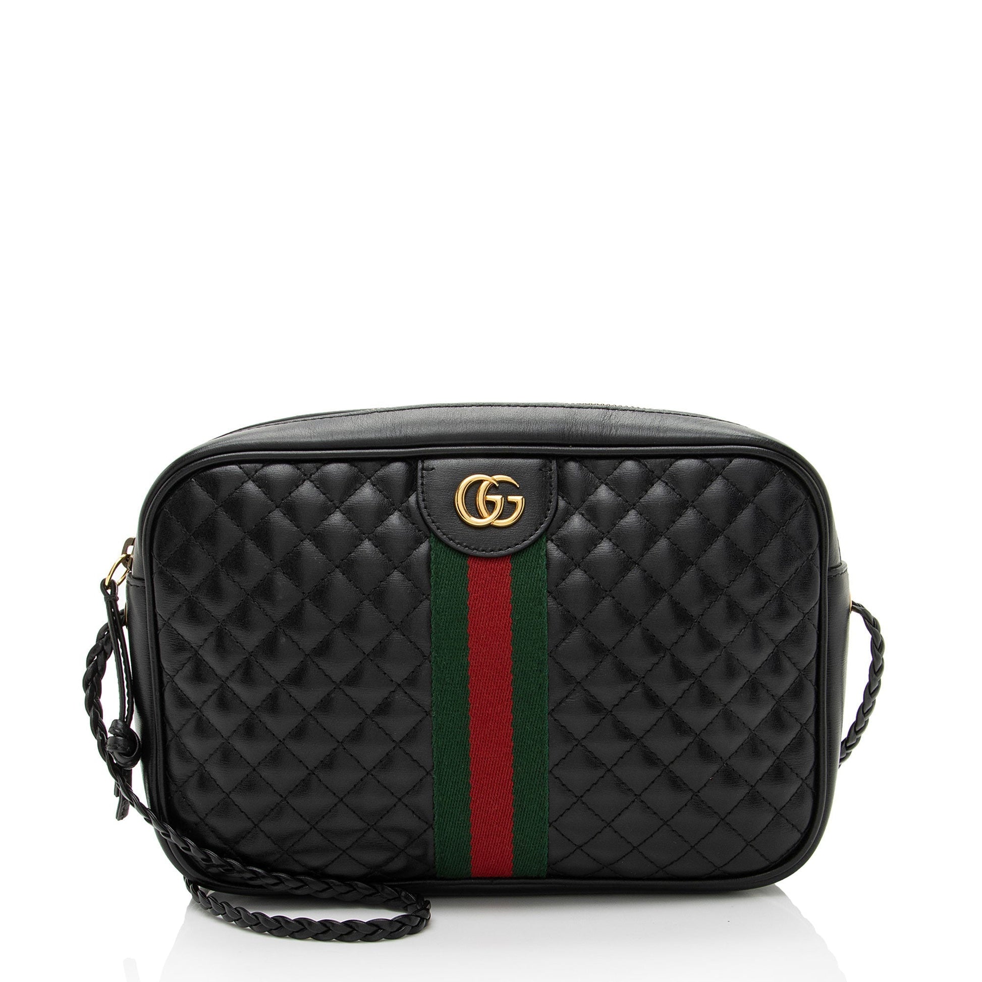 Gucci Web Trapuntata Quilted Leather Nylon Black Crossbody Bag
