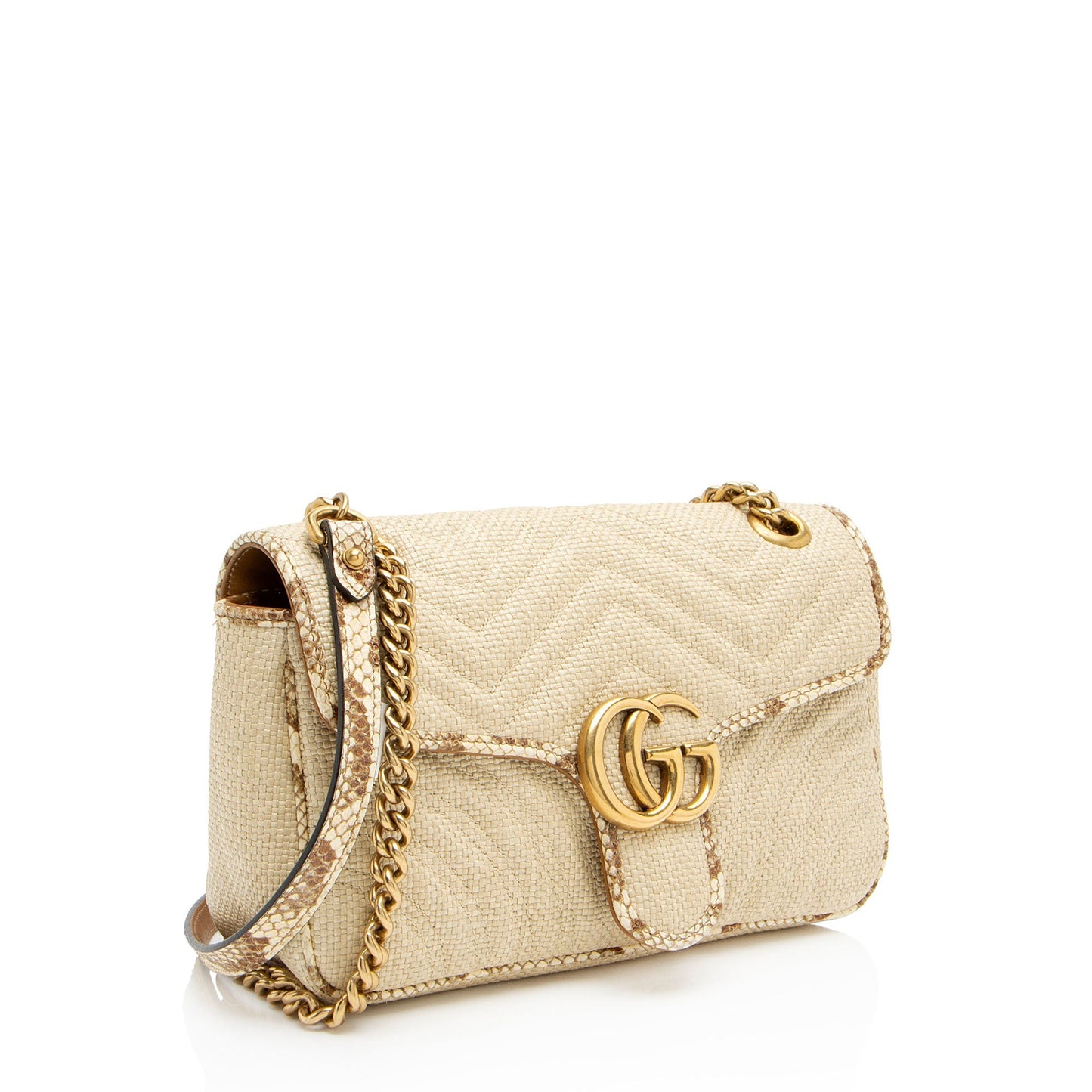 Gucci Snakeskin GG Marmont Flap Leather Raffia Brown Beige Crossbody Bag