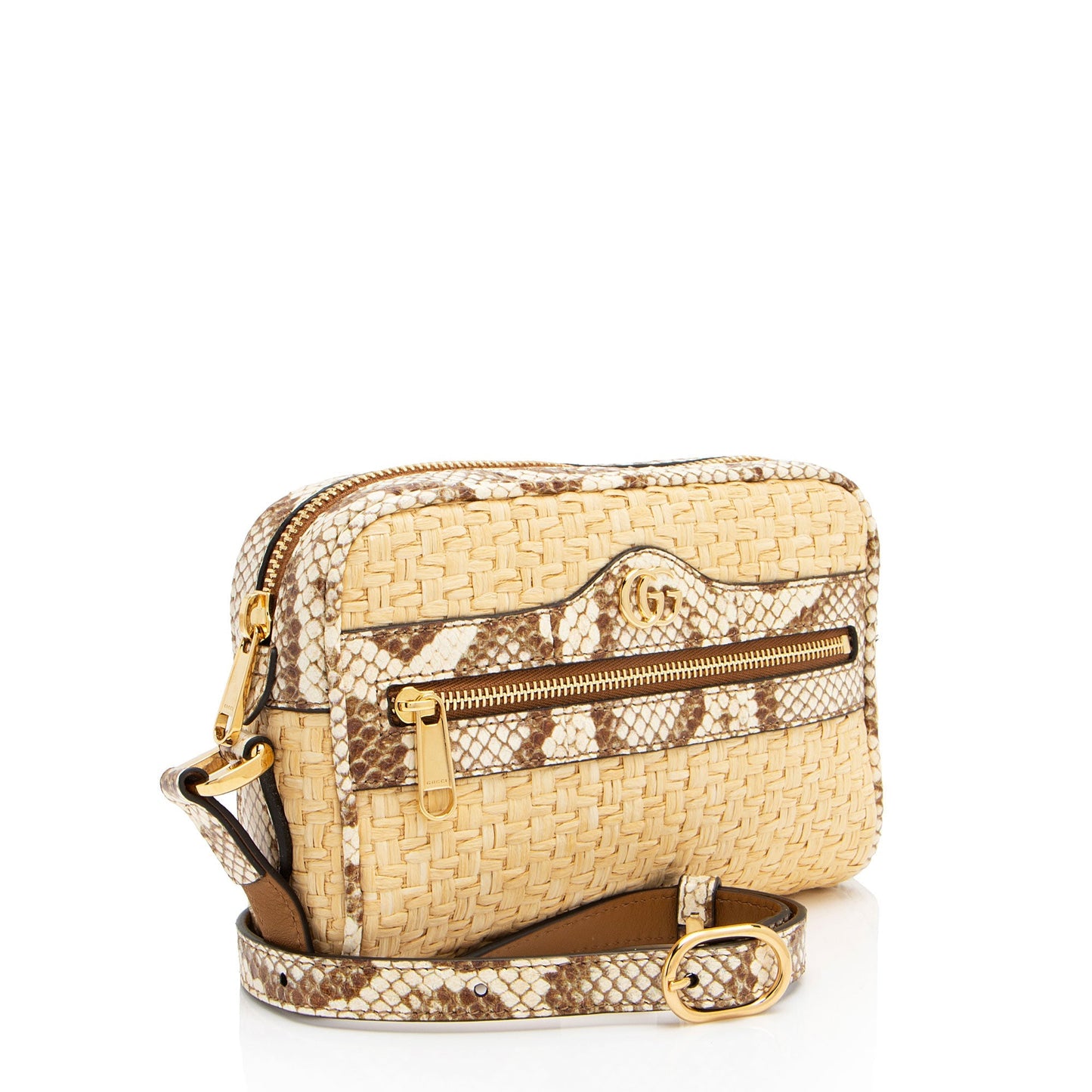 Gucci Snakeskin Ophidia Leather Raffia Brown Beige Crossbody Bag
