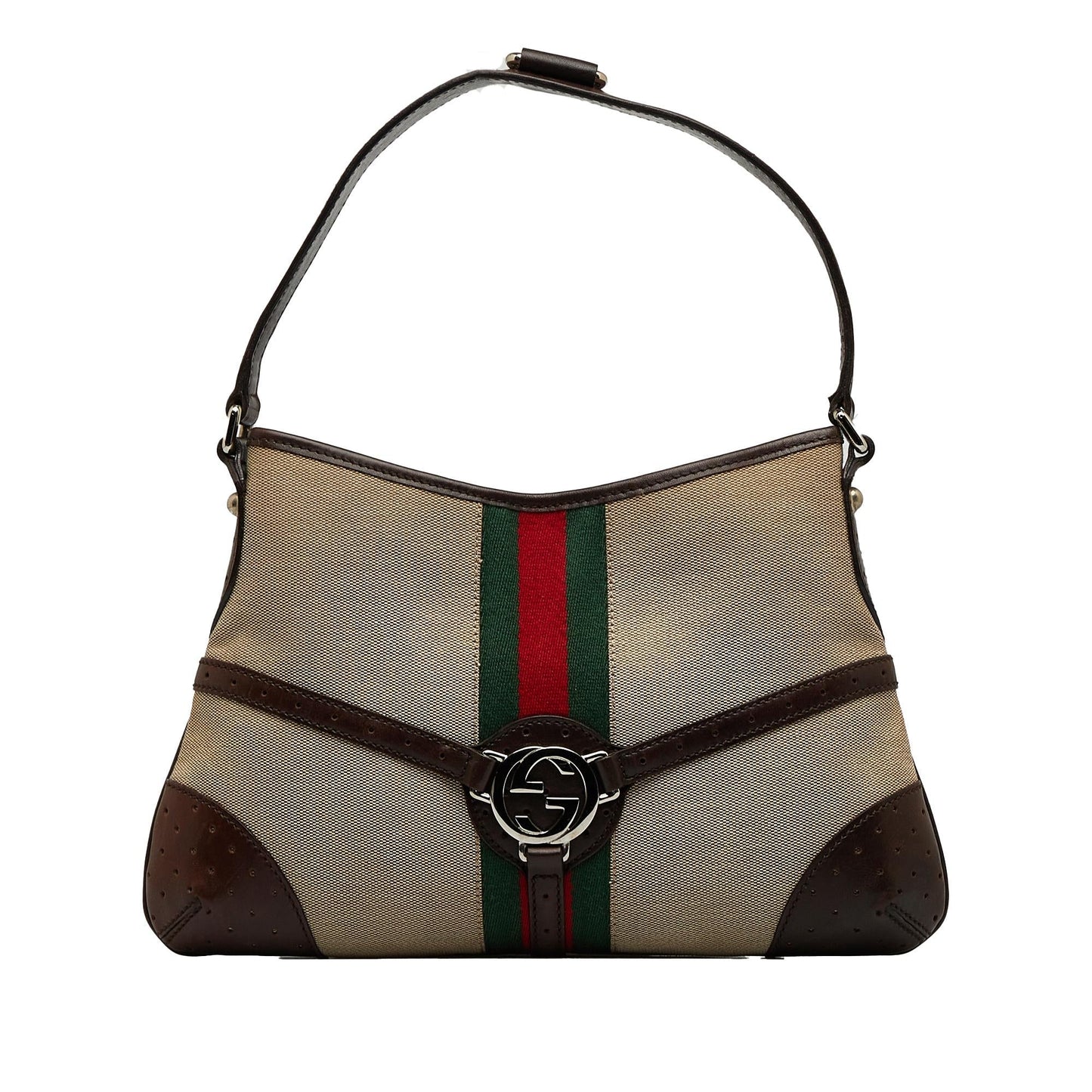 Gucci Reins Web SHG-VjXKWU Canvas Calf Brown Shoulder Bag