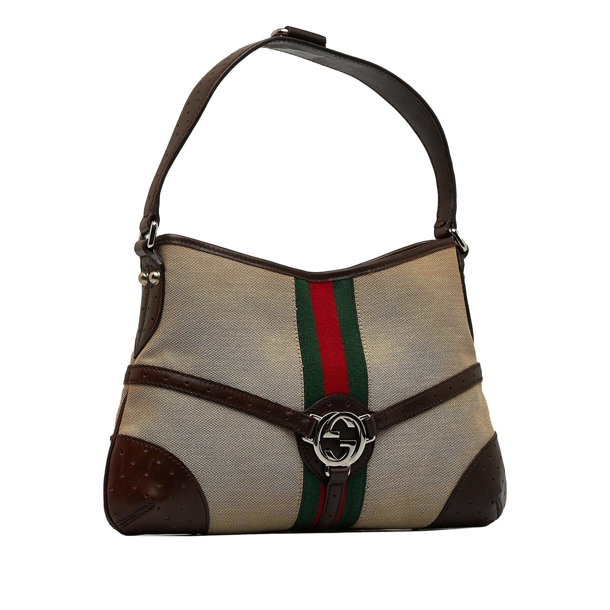 Gucci Reins Web SHG-VjXKWU Canvas Calf Brown Shoulder Bag