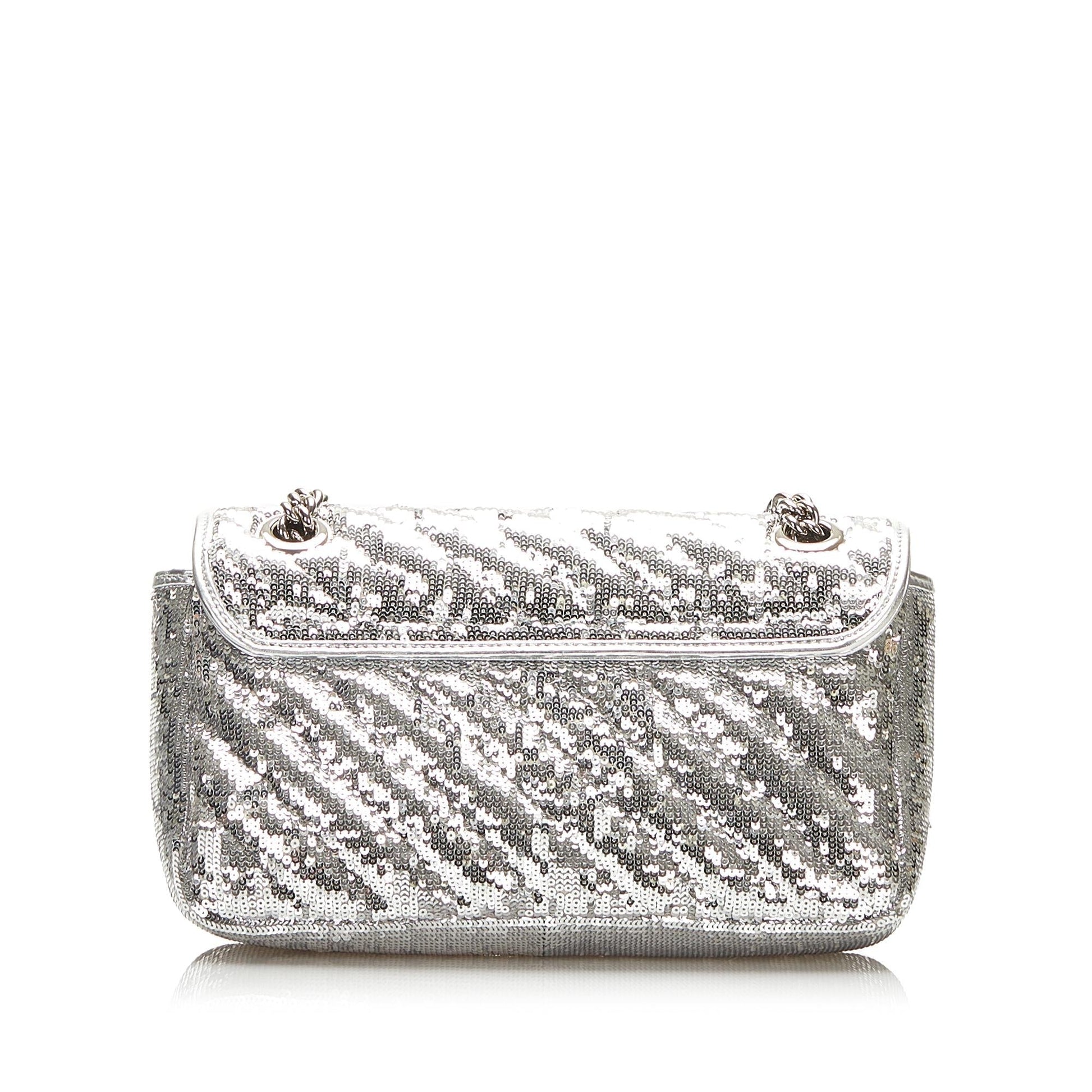 Gucci Sequin GG Marmont SHG Matelasse Calf Silver Small Shoulder Bag