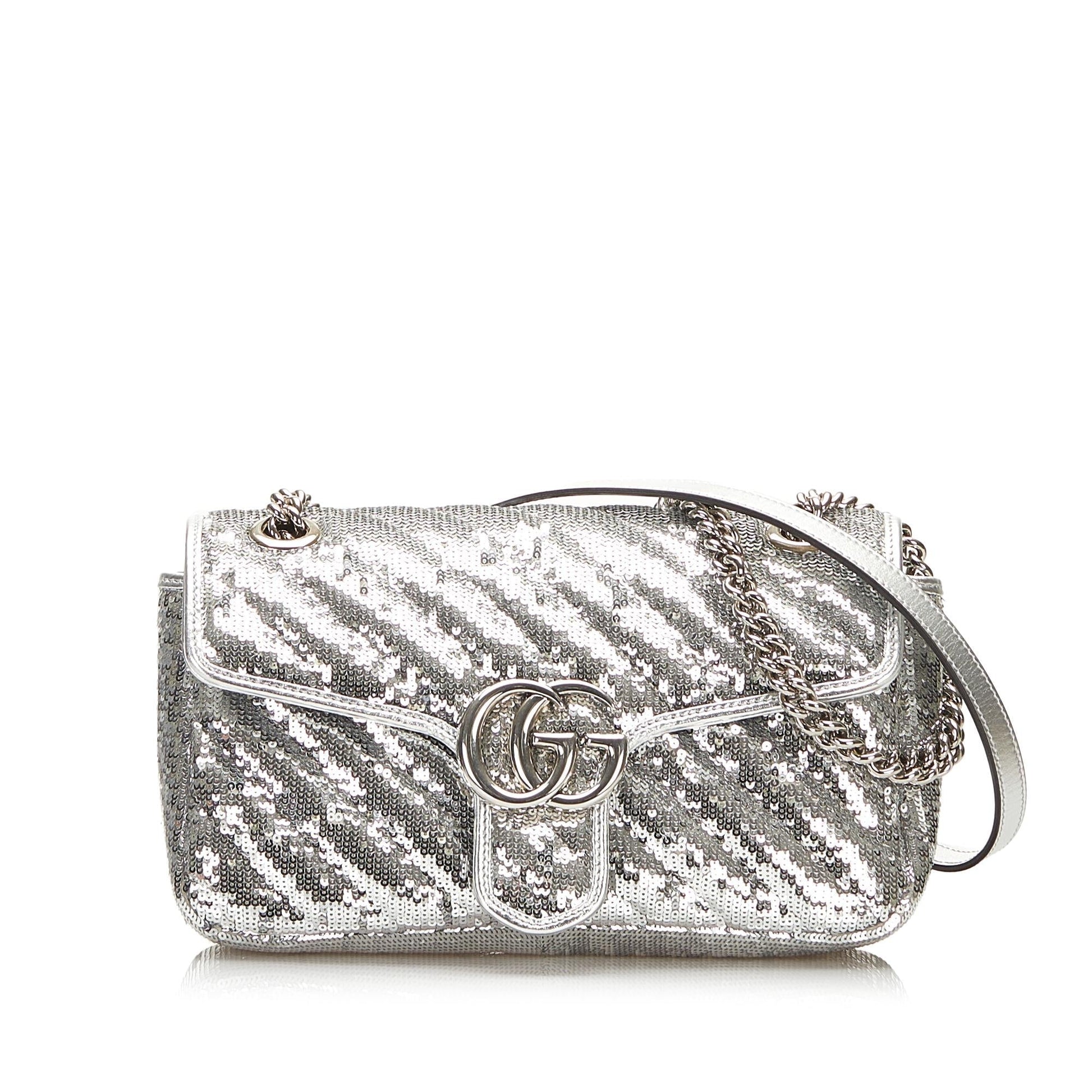 Gucci Sequin GG Marmont SHG Matelasse Calf Silver Small Shoulder Bag