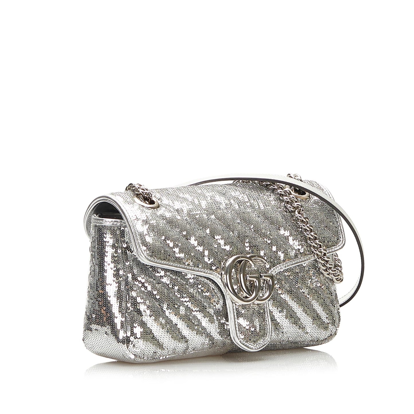 Gucci Sequin GG Marmont SHG Matelasse Calf Silver Small Shoulder Bag
