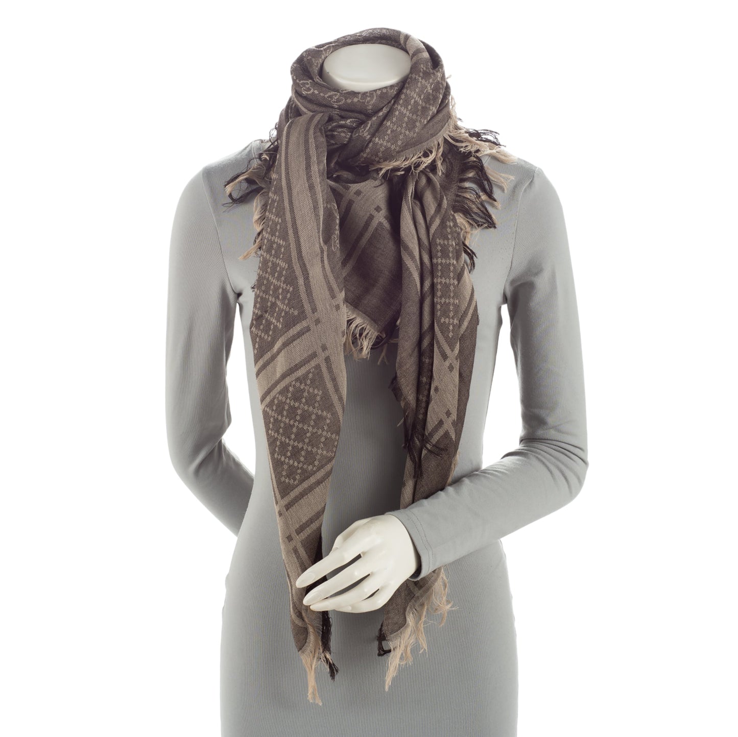 Gucci Silk Wool Diamante 140cm Shawl Monogram Brown Beige Handbag