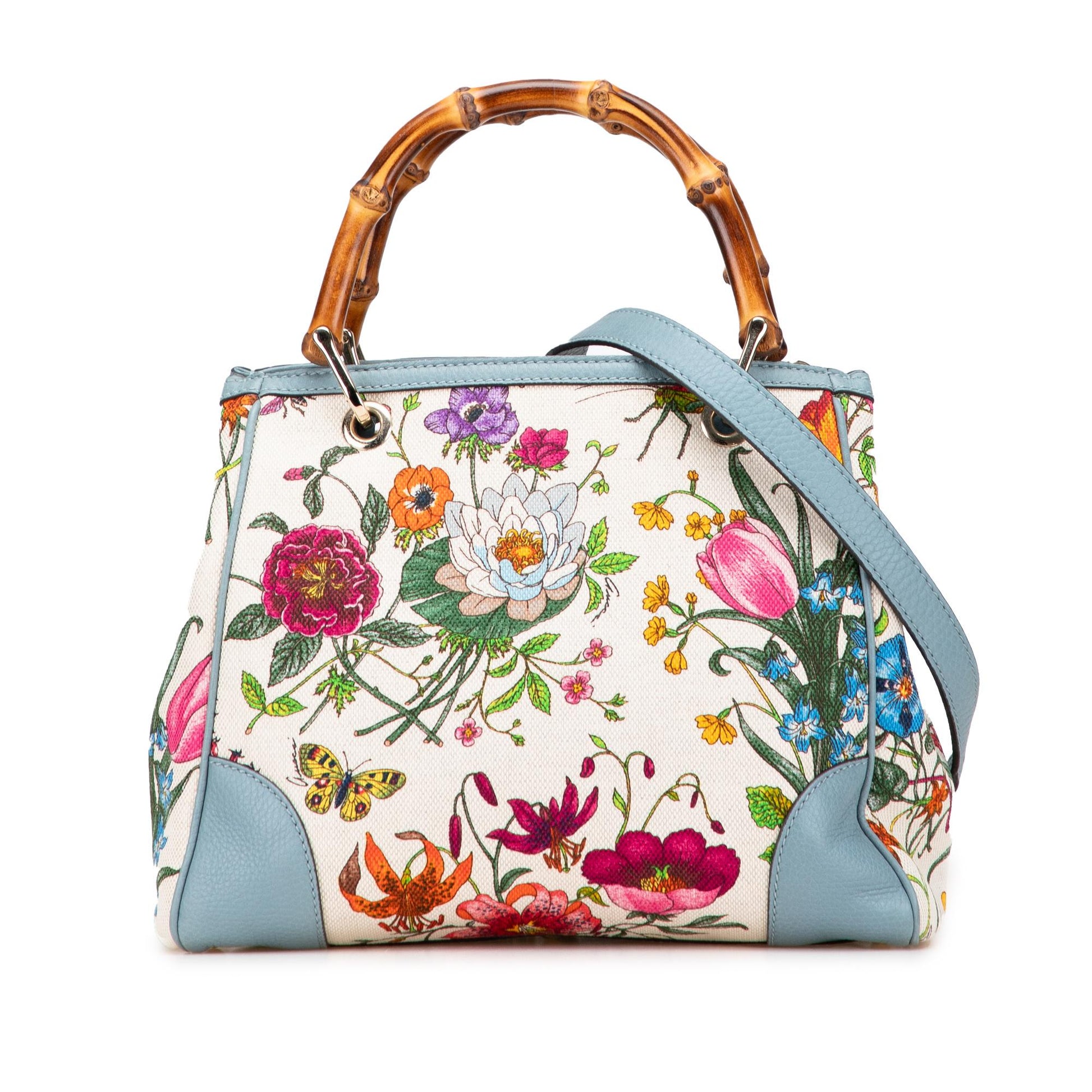 Gucci Flora Bamboo Shopper Canvas Small Tote Bag