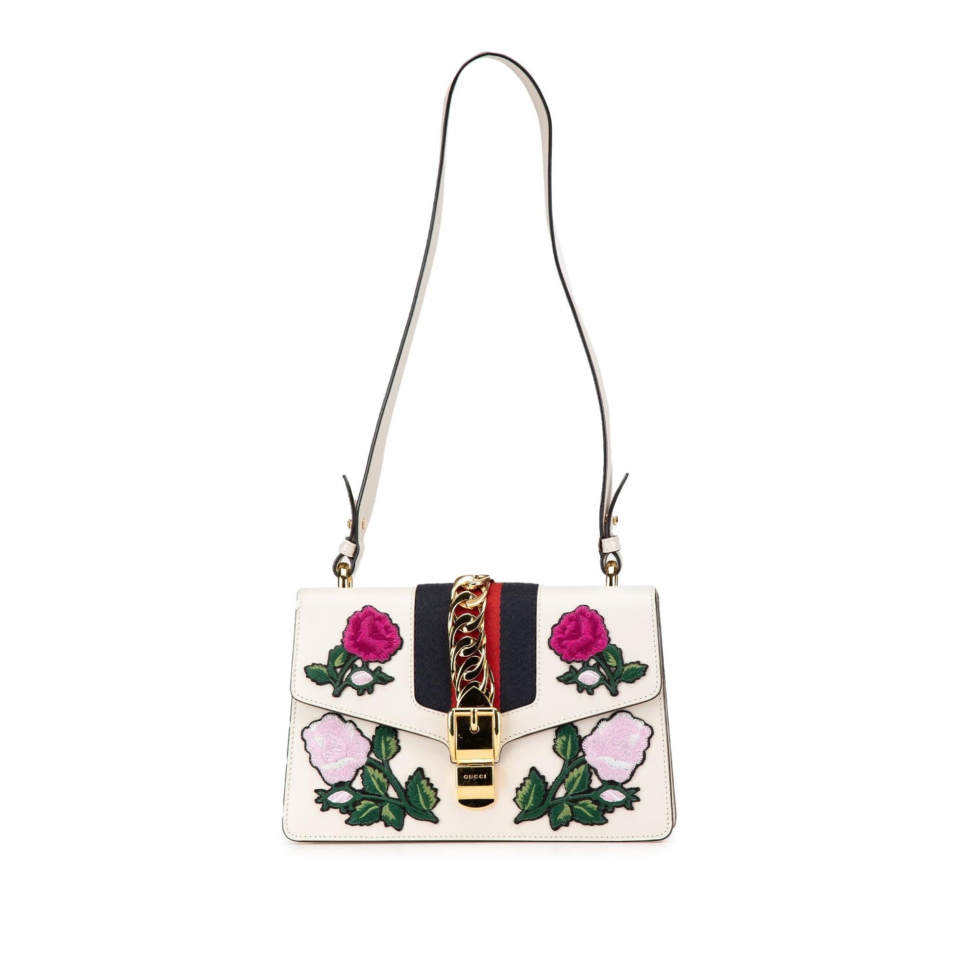 Gucci Floral Embroidered Sylvie Leather Calf White Small Crossbody Bag