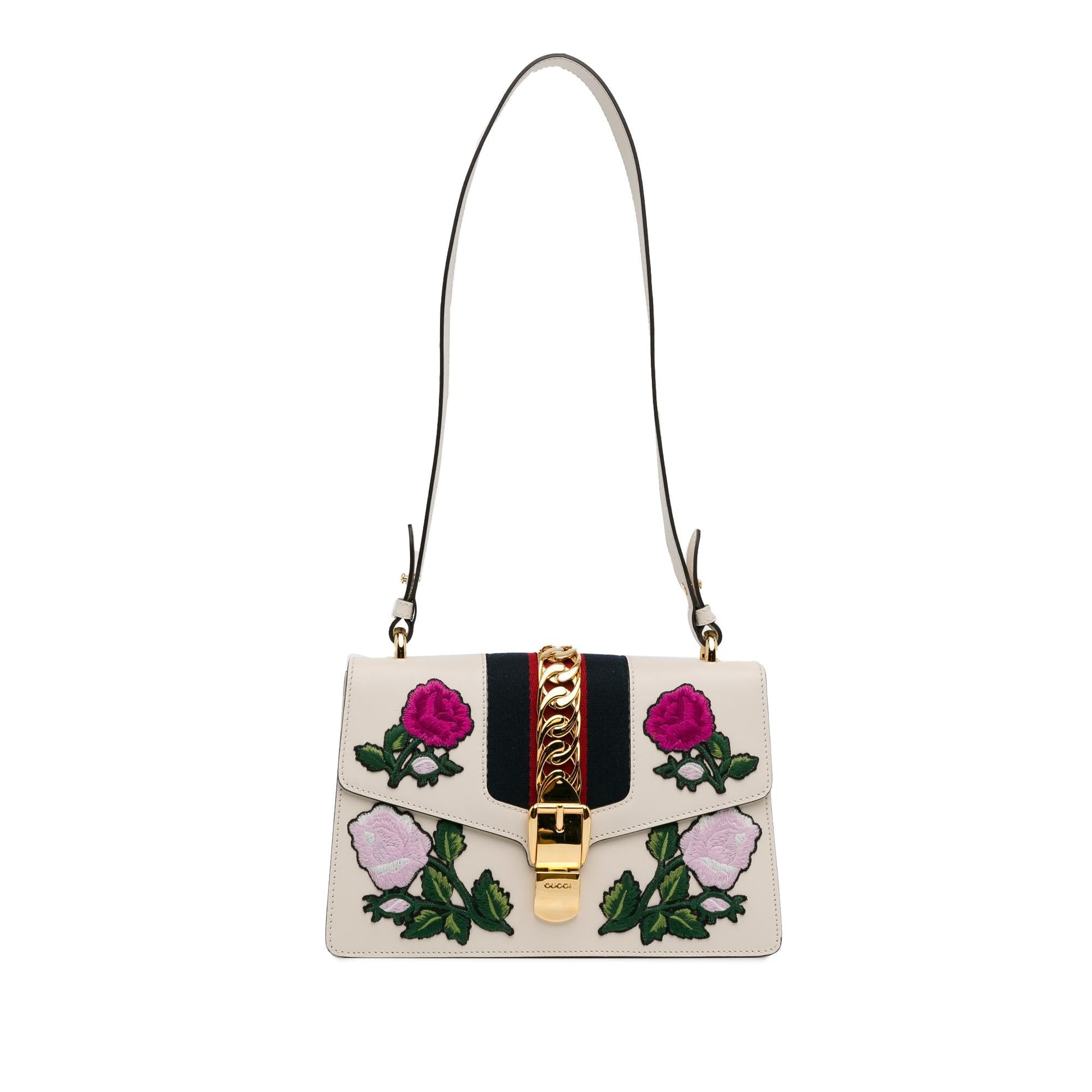 Gucci Floral Embroidered Sylvie SHG-f7H54f Calf White Small Crossbody Bag