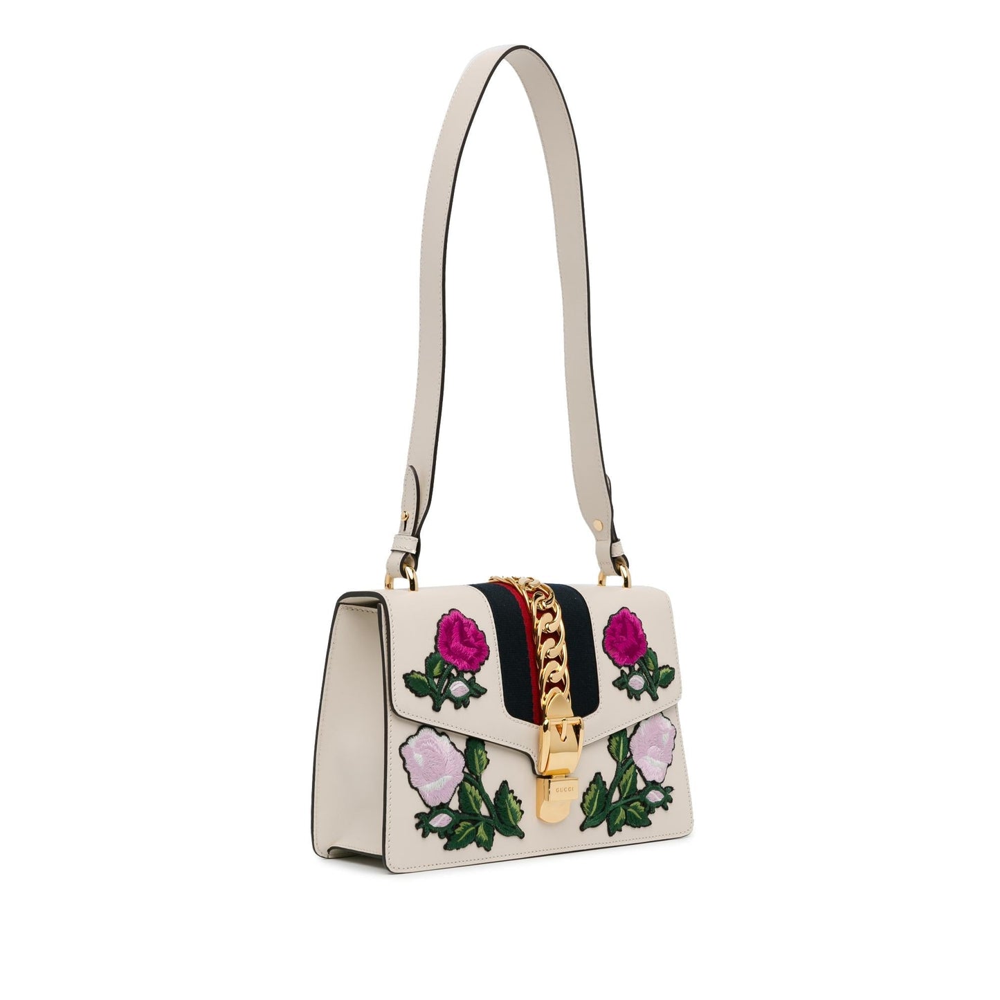 Gucci Floral Embroidered Sylvie SHG-f7H54f Calf White Small Crossbody Bag