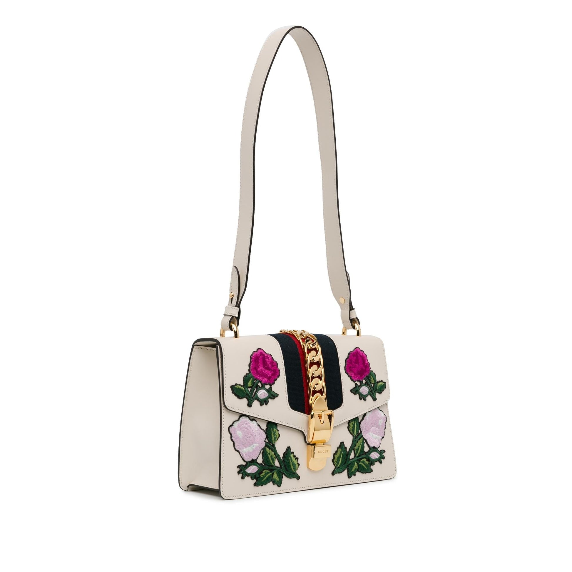 Gucci Floral Embroidered Sylvie SHG-f7H54f Calf White Small Crossbody Bag