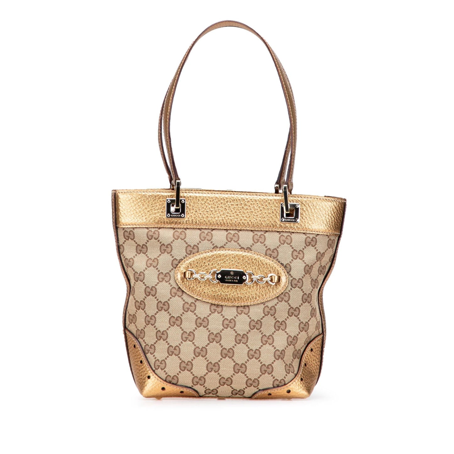 Gucci GG Punch Canvas Calf Brown Gold Tote Bag